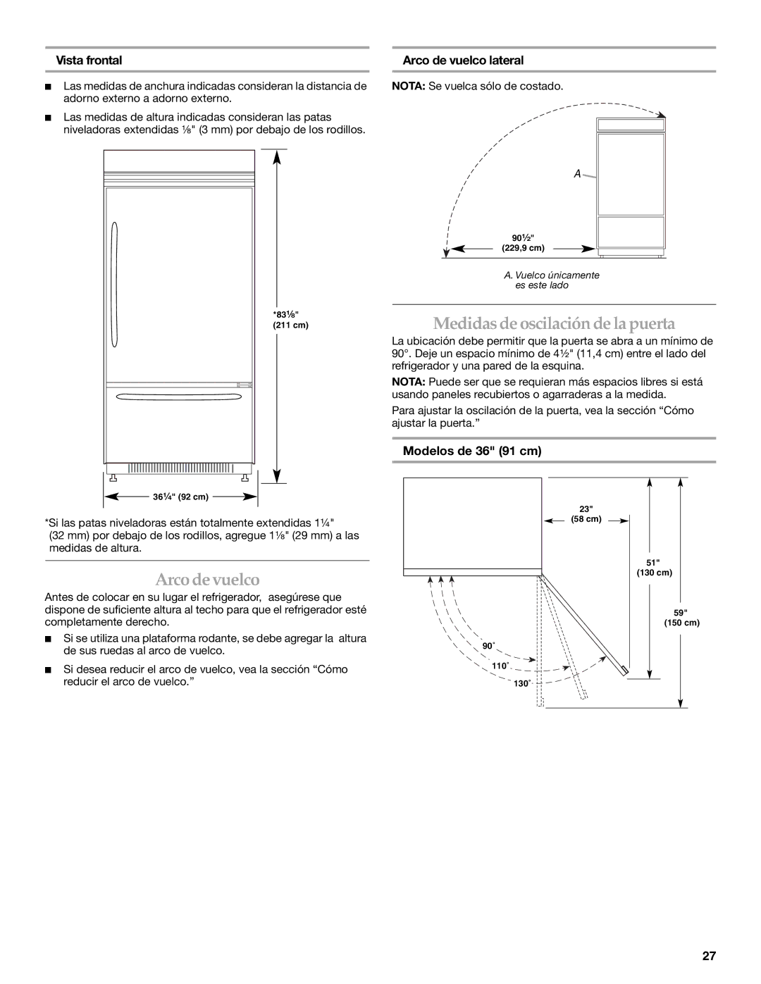 KitchenAid 2307890A manual Medidas de oscilación de la puerta, Arco devuelco, Vista frontal, Arco de vuelco lateral 