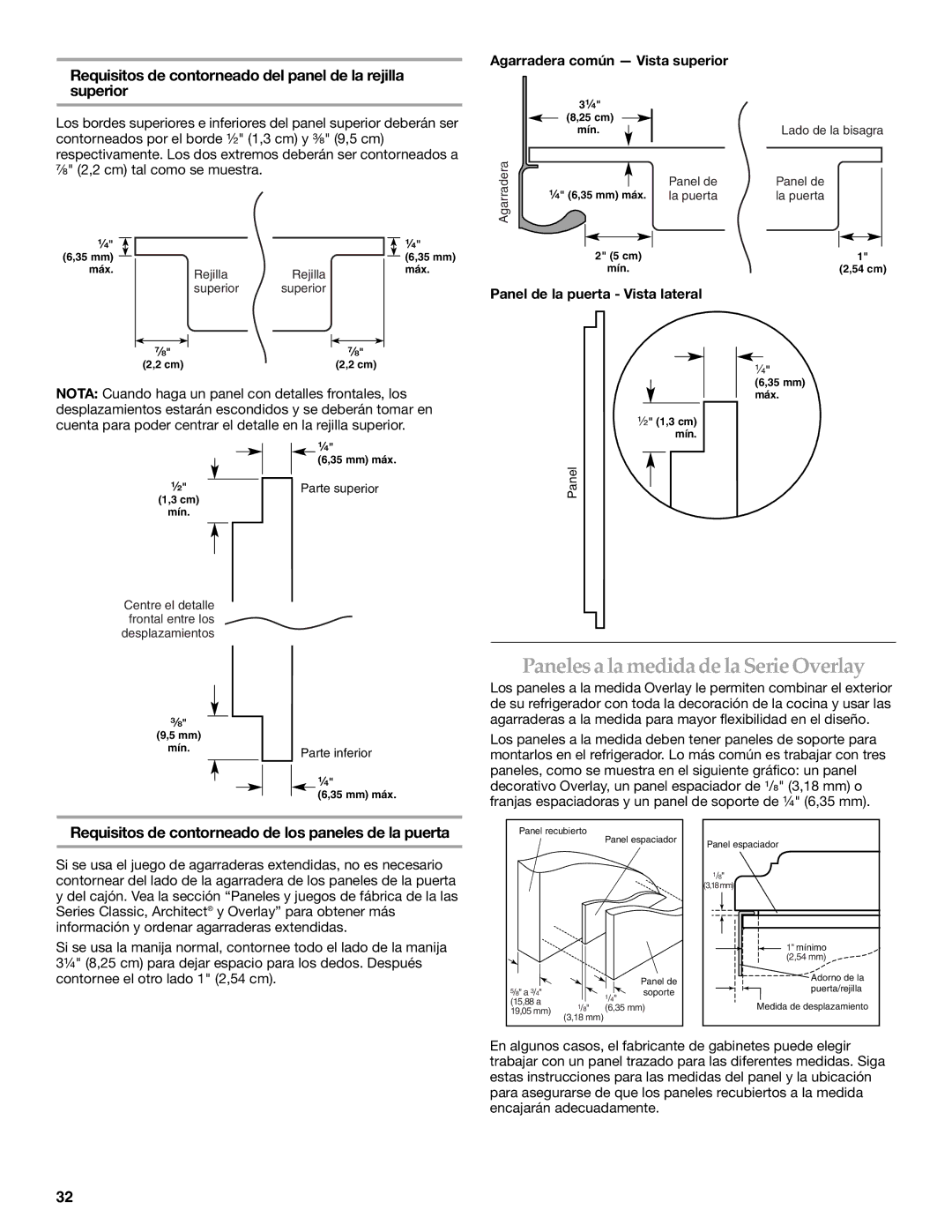 KitchenAid 2307890A Paneles a la medida de la Serie Overlay, Requisitos de contorneado del panel de la rejilla superior 