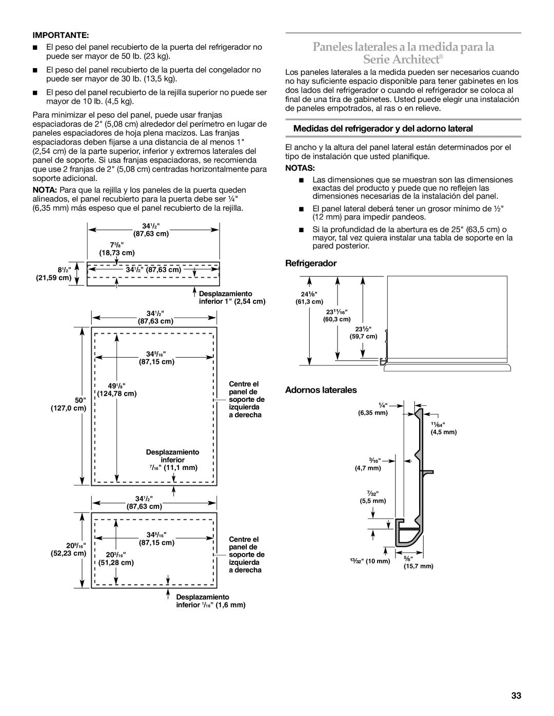 KitchenAid 2307890A Paneles laterales a la medida para la Serie Architect, Medidas del refrigerador y del adorno lateral 