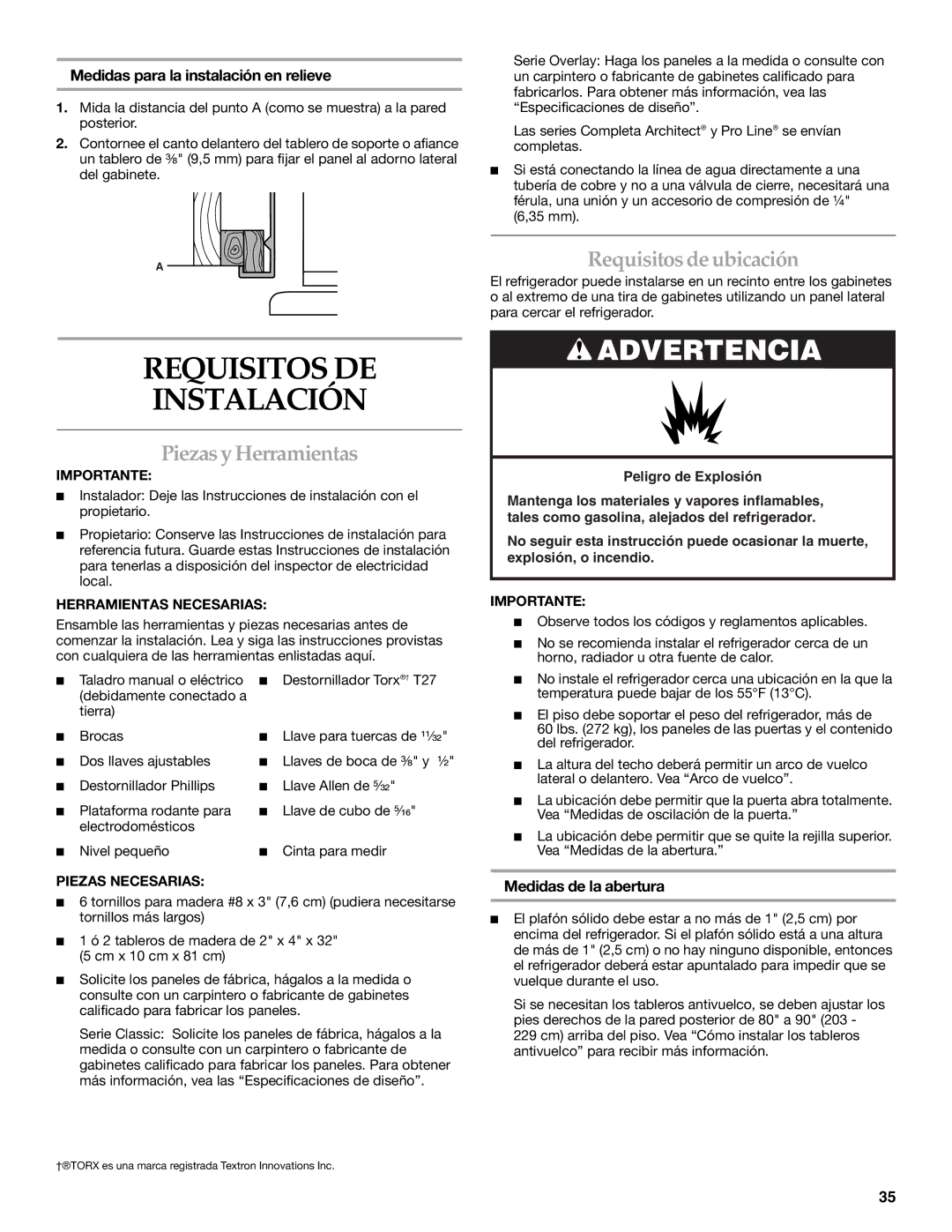 KitchenAid 2307890A manual Requisitos DE Instalación, Piezas y Herramientas, Requisitosde ubicación, Medidas de la abertura 