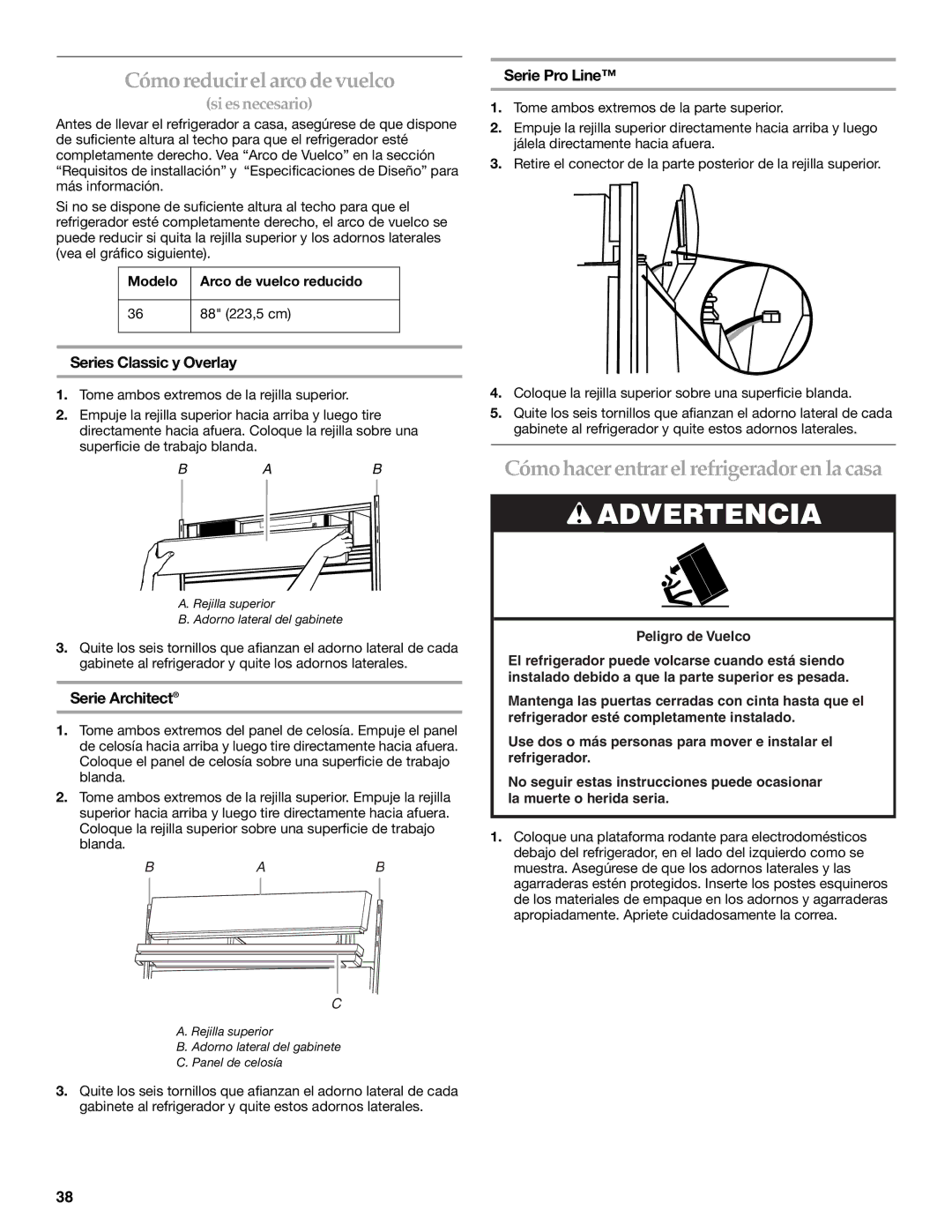 KitchenAid 2307890A Cómoreducirelarco devuelco, Cómohacer entrar el refrigerador en la casa, Series Classic y Overlay 