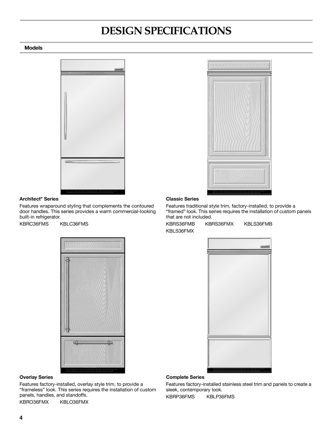 KitchenAid 2307890A manual Design Specifications, Models 