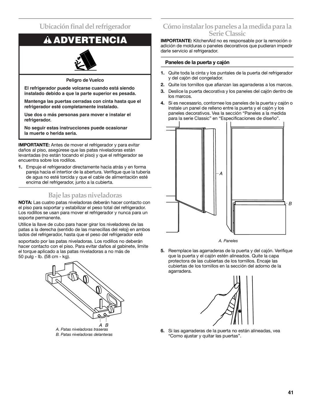 KitchenAid 2307890A manual Ubicación final delrefrigerador, Baje las patas niveladoras, Paneles de la puerta y cajón 