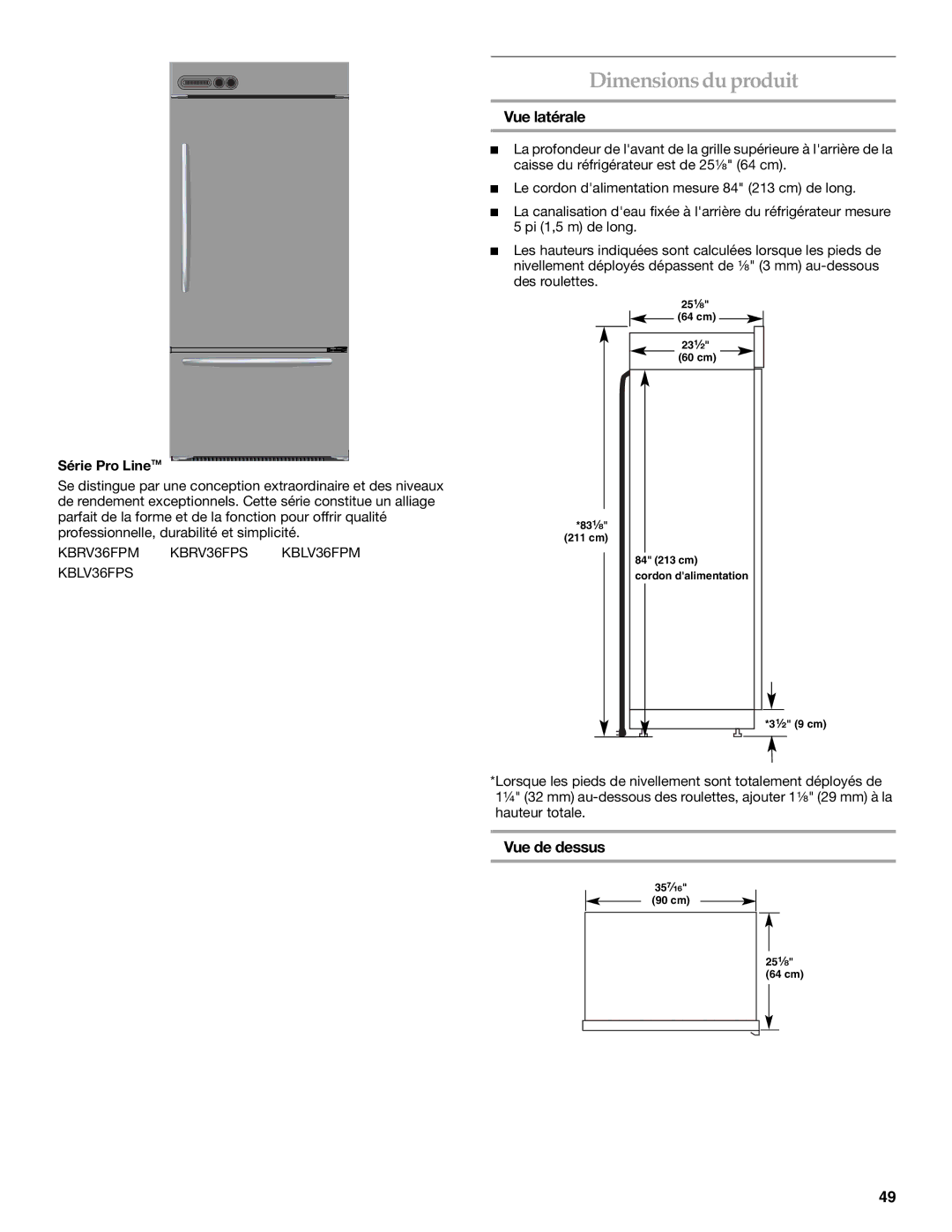 KitchenAid 2307890A manual Dimensionsdu produit, Vue latérale, Vue de dessus, Série Pro LineTM 