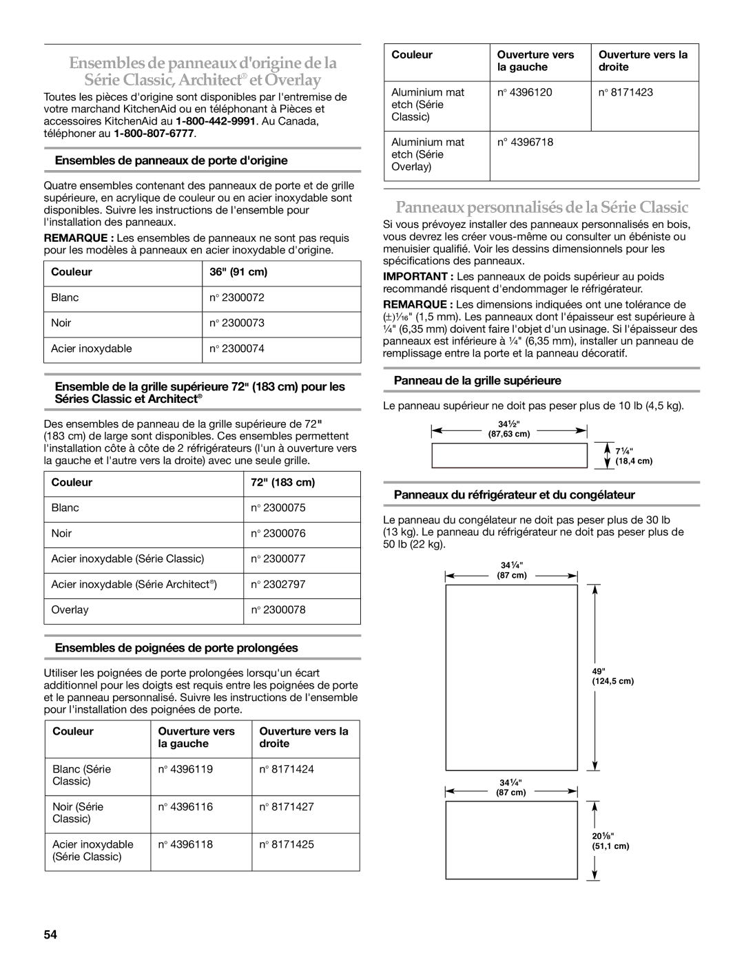 KitchenAid 2307890A manual Panneaux personnalisés de la Série Classic, Ensembles de panneaux de porte dorigine 