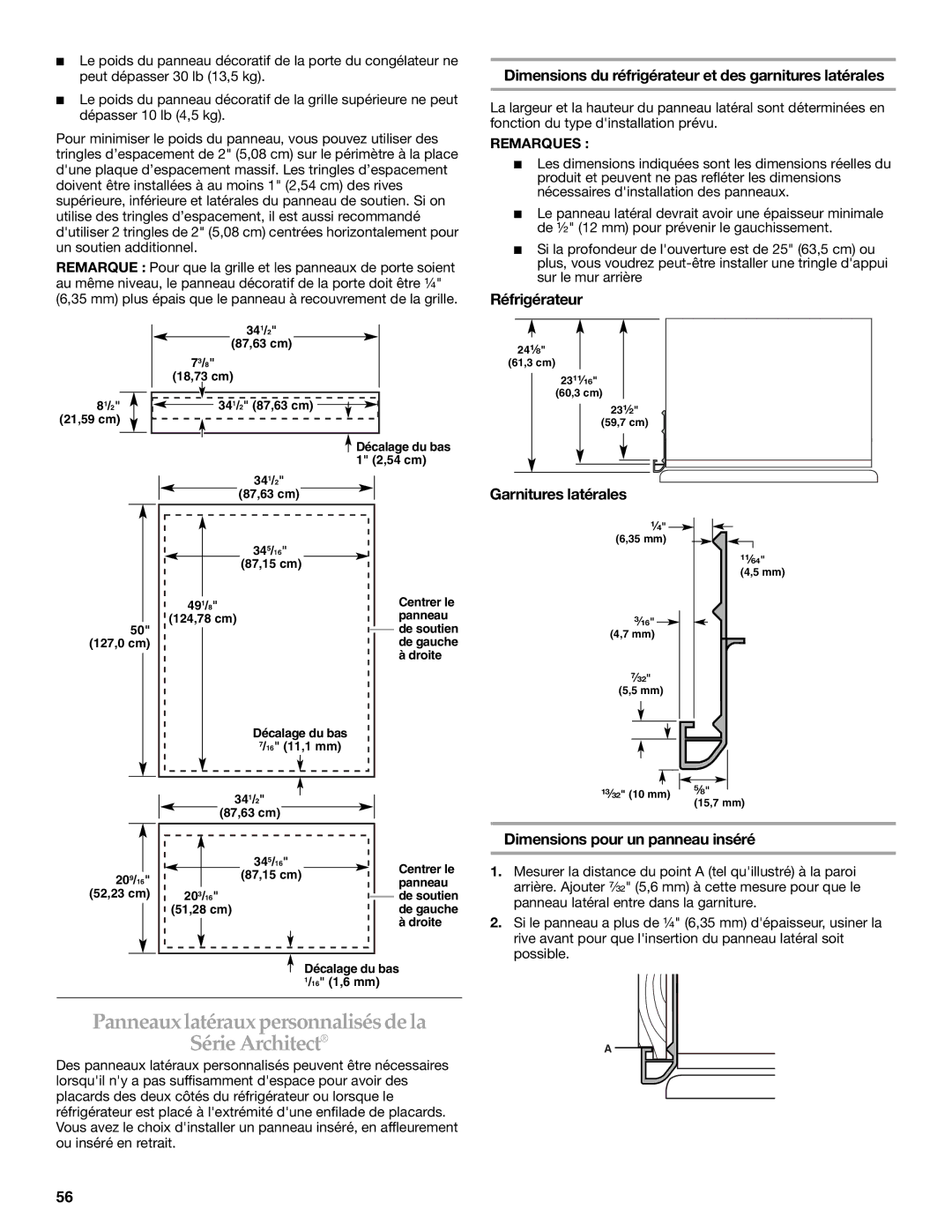 KitchenAid 2307890A manual Panneaux latéraux personnalisésde la Série Architect, Réfrigérateur, Garnitures latérales 