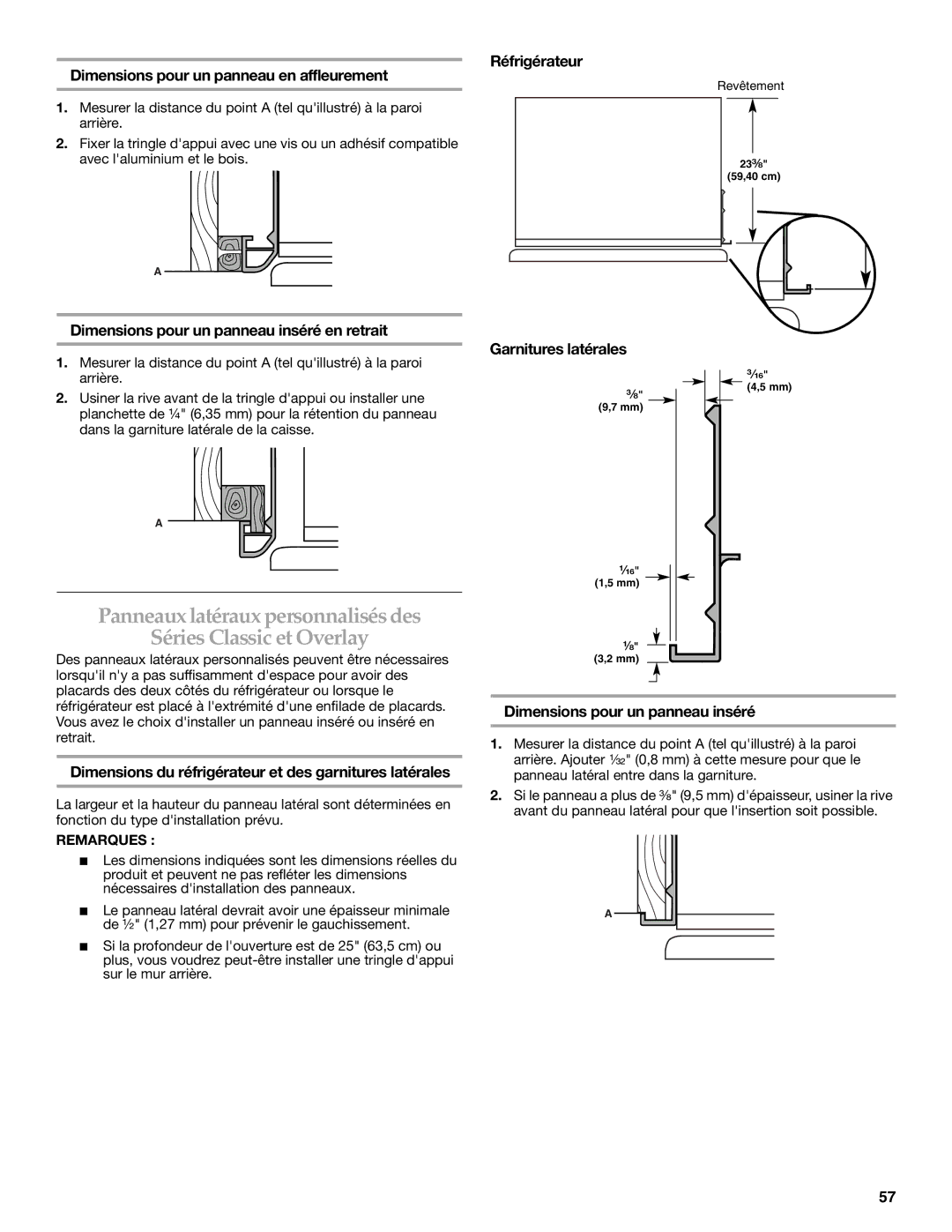 KitchenAid 2307890A Réfrigérateur Dimensions pour un panneau en affleurement, Dimensions pour un panneau inséré en retrait 