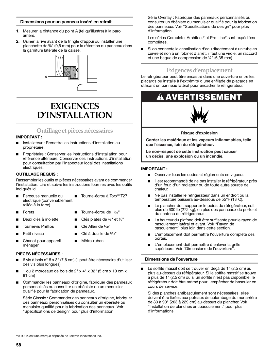 KitchenAid 2307890A manual Exigences ’INSTALLATION, Exigences d’emplacement, Outillage etpiècesnécessaires 