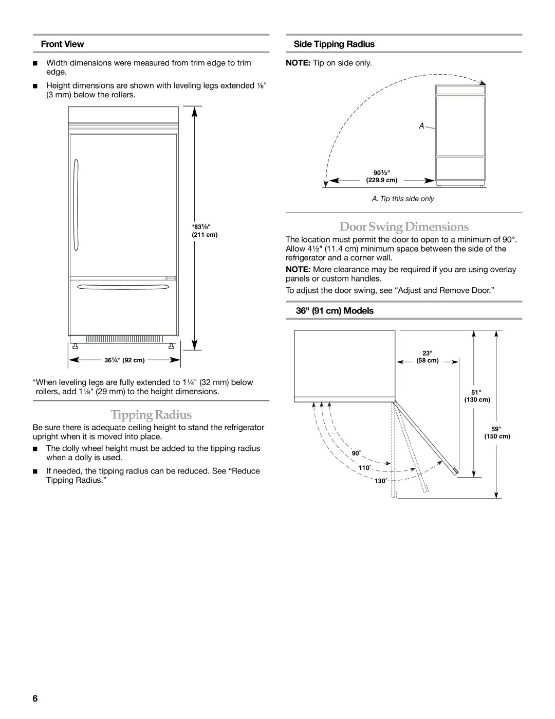 KitchenAid 2307890A manual Door Swing Dimensions, Front View, Side Tipping Radius, 36 91 cm Models 