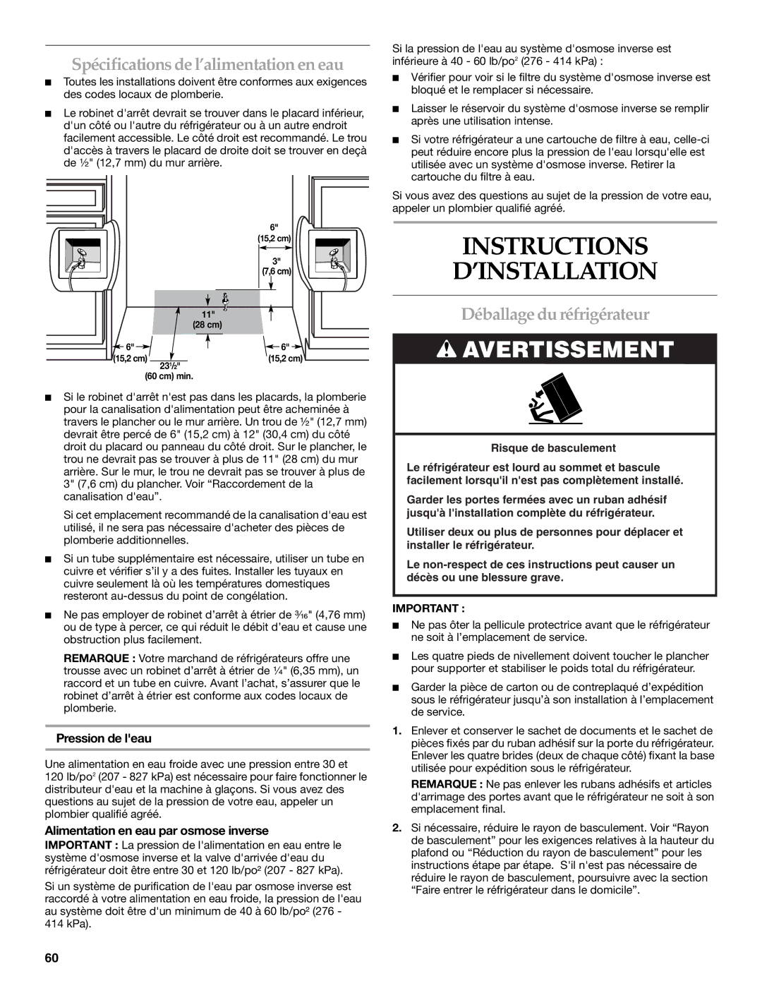 KitchenAid 2307890A manual Instructions ’INSTALLATION, Spécifications de l’alimentation en eau, Déballage du réfrigérateur 