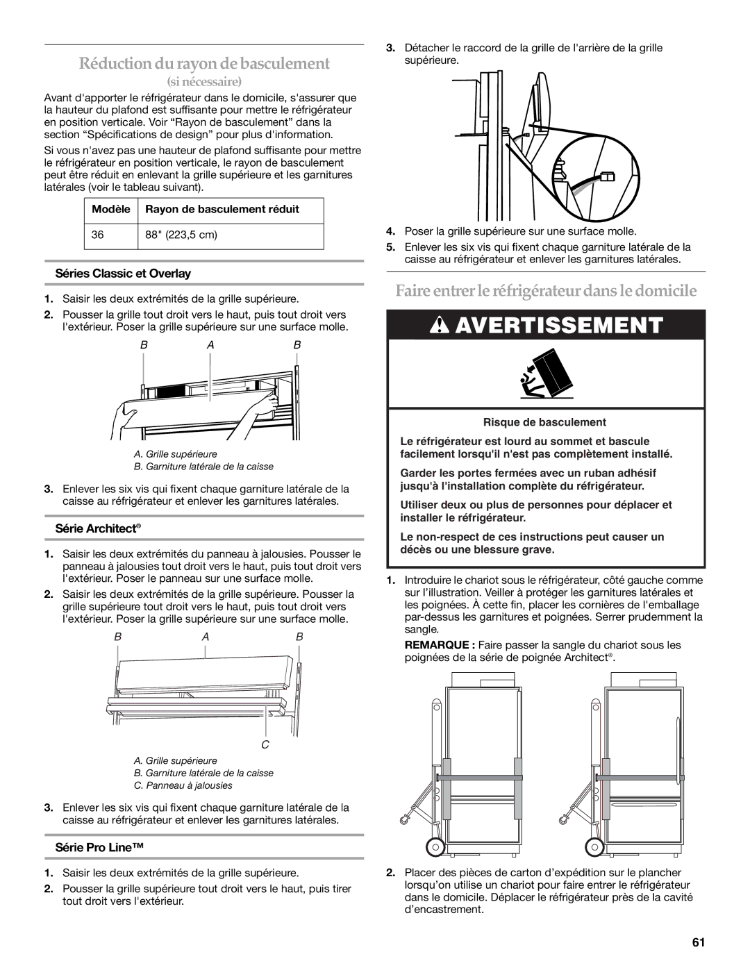 KitchenAid 2307890A Réduction du rayon de basculement, Faire entrerle réfrigérateur dans le domicile, Série Architect 