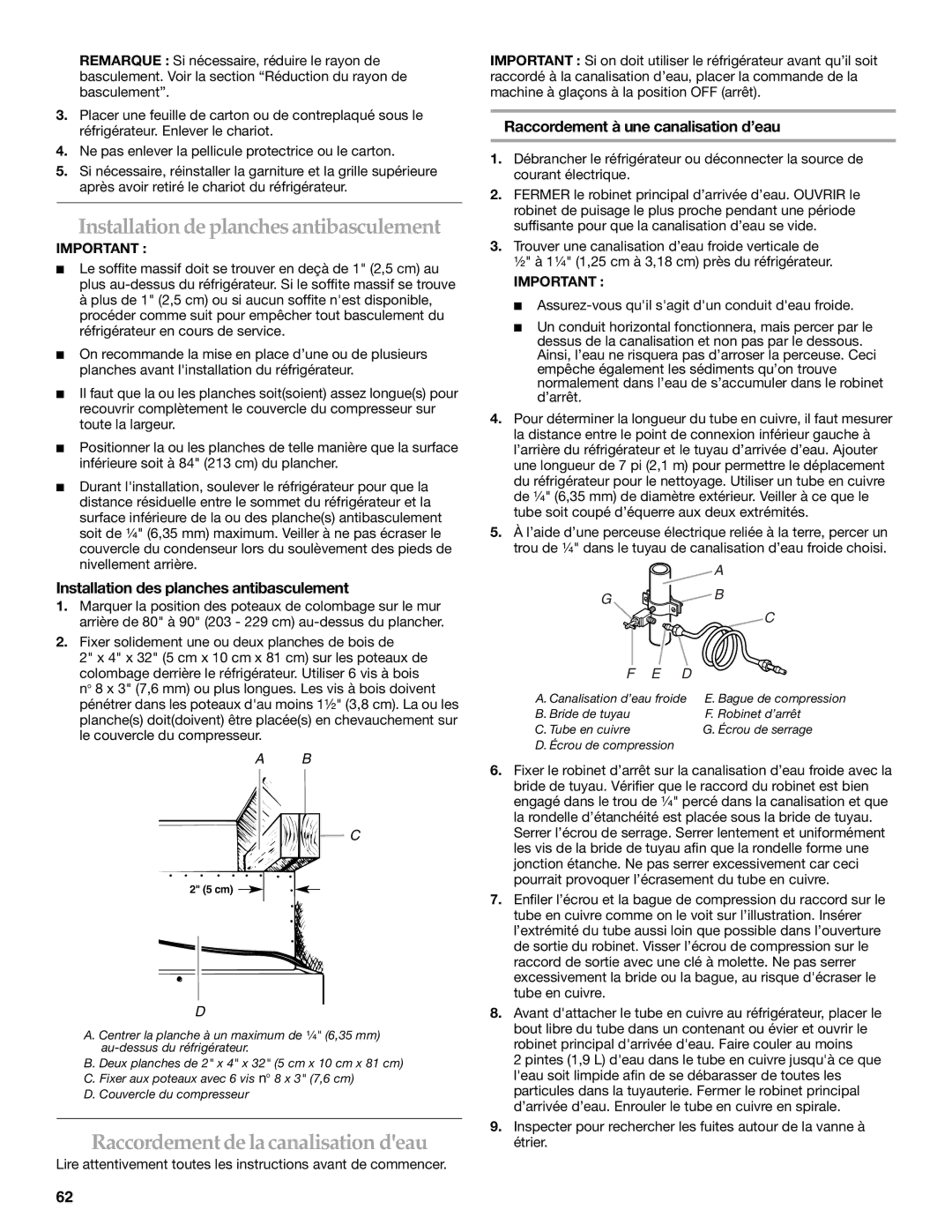 KitchenAid 2307890A manual Installation de planchesantibasculement, Raccordement delacanalisation deau 