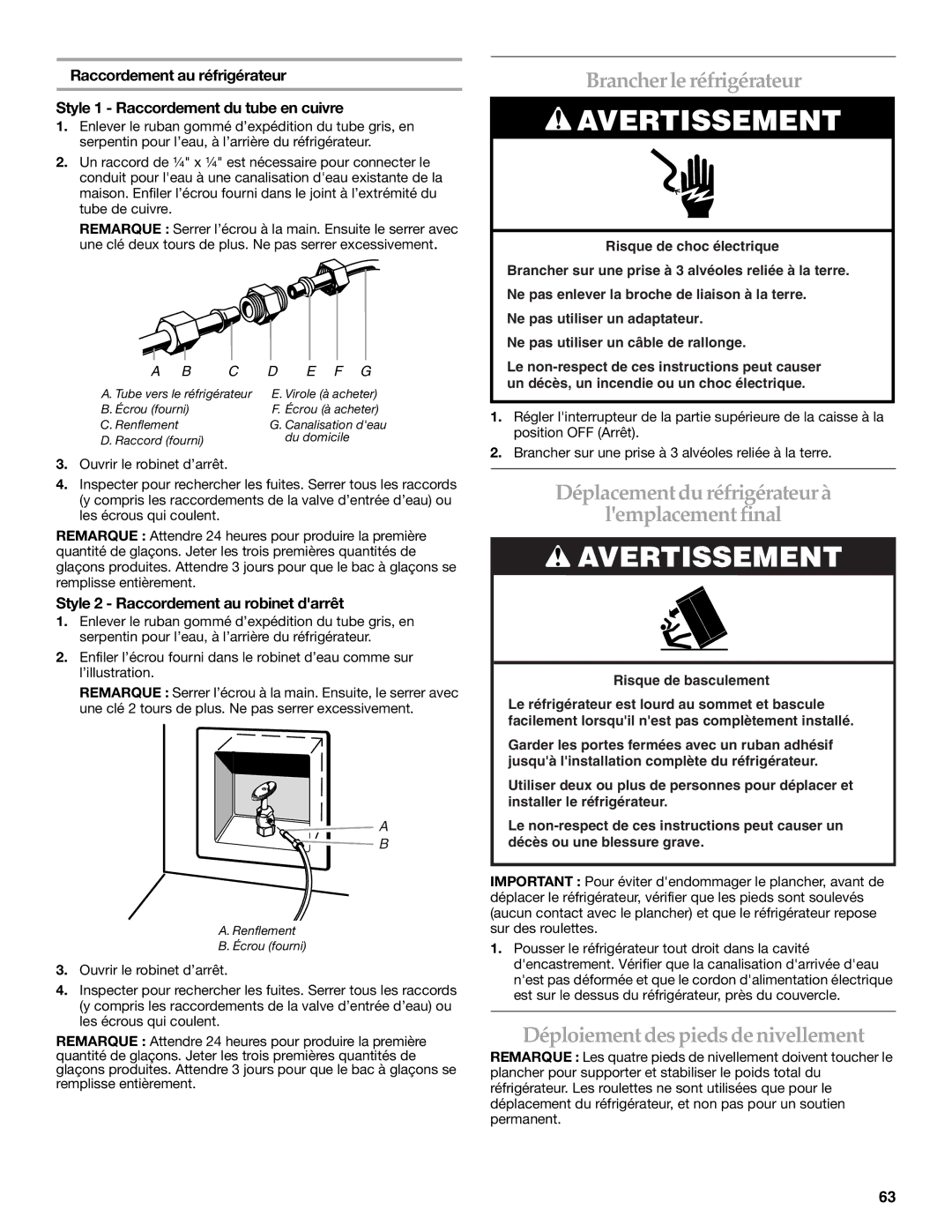 KitchenAid 2307890A manual Brancher le réfrigérateur, Déplacementdu réfrigérateur à Lemplacement final 