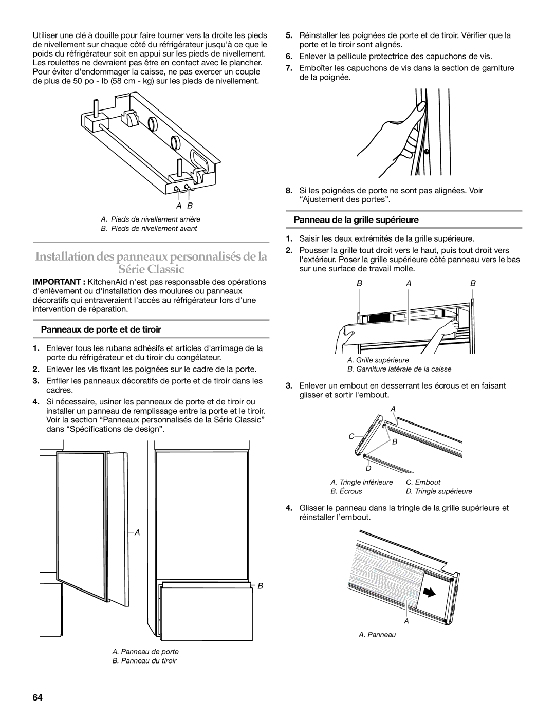 KitchenAid 2307890A manual Installation des panneaux personnalisés de la Série Classic, Panneaux de porte et de tiroir 