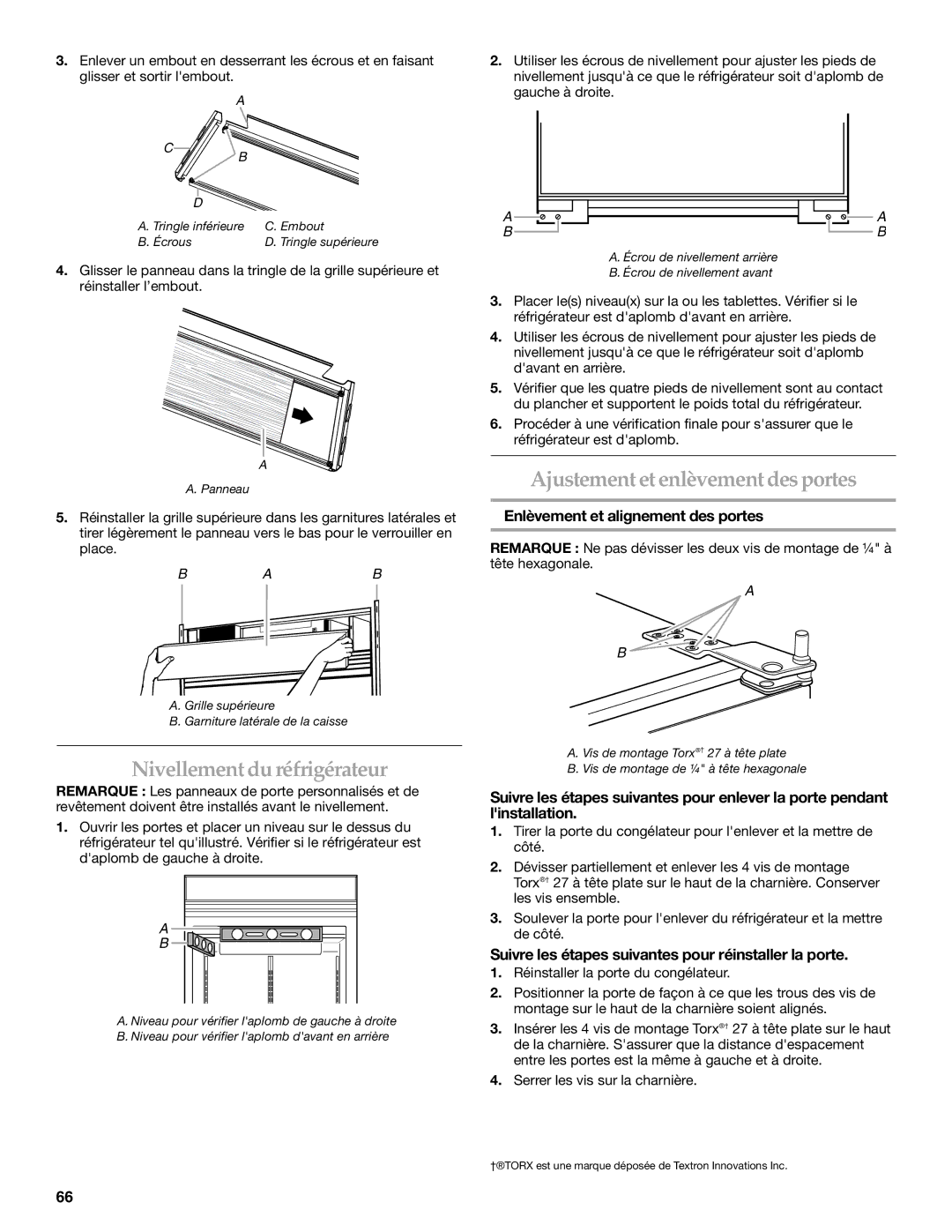 KitchenAid 2307890A Nivellementdu réfrigérateur, Ajustementetenlèvement desportes, Enlèvement et alignement des portes 