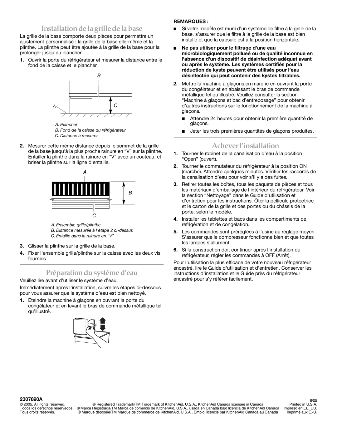 KitchenAid 2307890A manual Installation de la grille de la base, Préparation du système d’eau, Acheverl’installation 