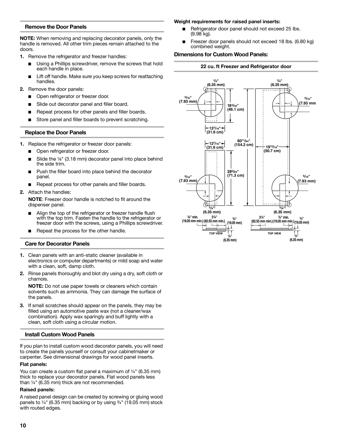 KitchenAid 2308307 Remove the Door Panels, Replace the Door Panels, Care for Decorator Panels, Install Custom Wood Panels 