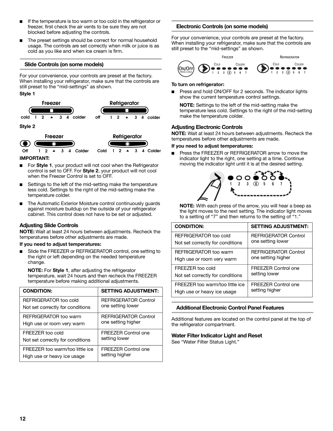 KitchenAid 2308307 manual Electronic Controls on some models, Slide Controls on some models, Adjusting Slide Controls 