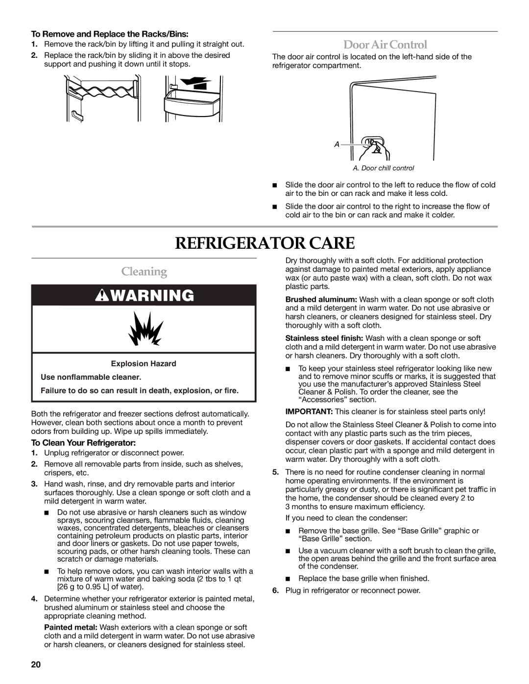 KitchenAid 2308307 manual Refrigerator Care, DoorAir Control, Cleaning, To Remove and Replace the Racks/Bins 