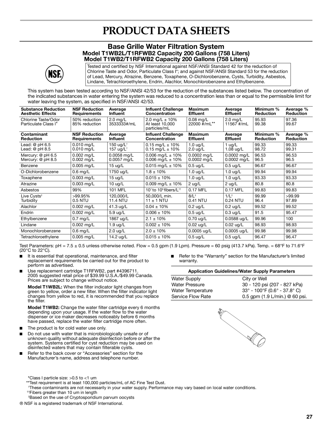 KitchenAid 2308307 manual Product Data Sheets, Base Grille Water Filtration System 