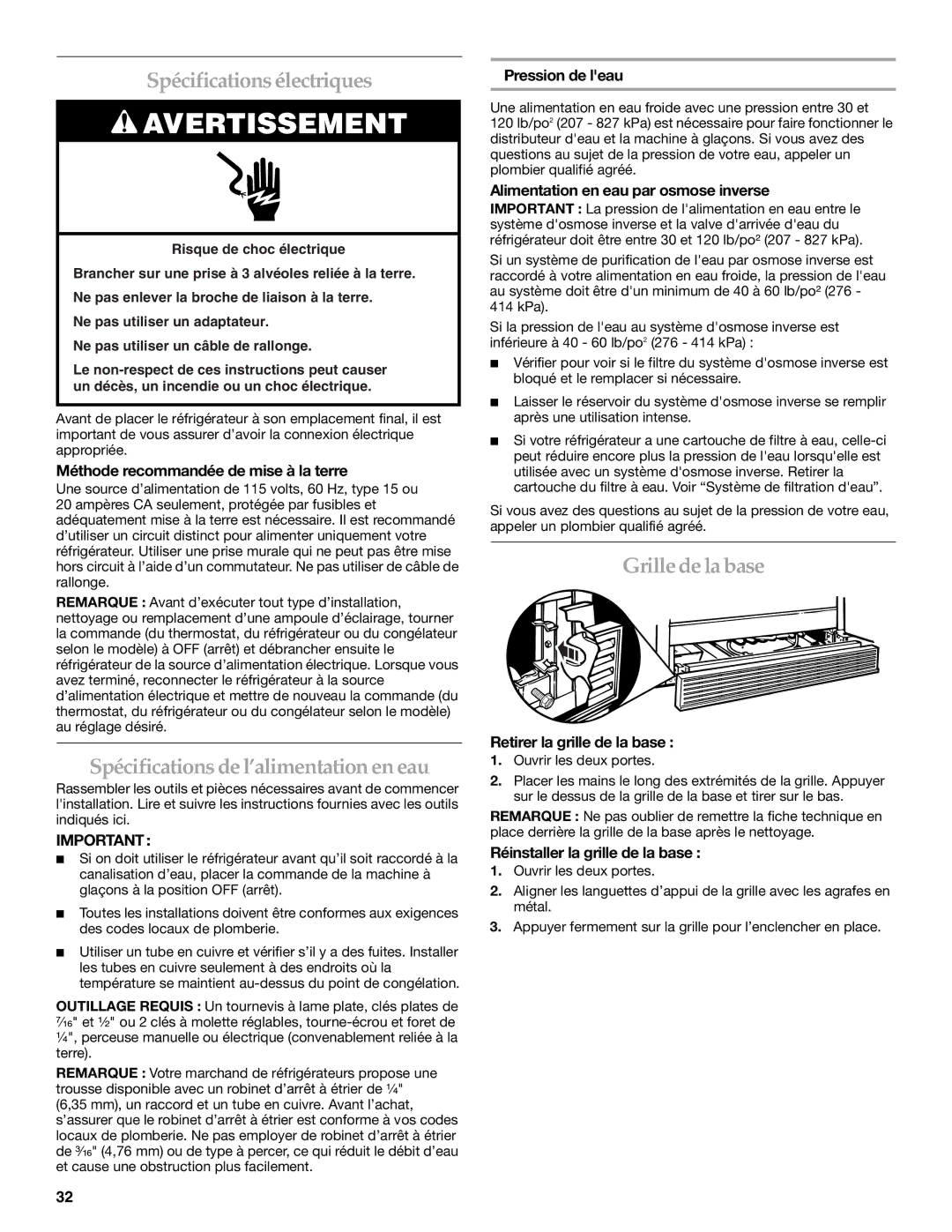 KitchenAid 2308307 manual Spécifications électriques, Spécifications de l’alimentation en eau, Grille de la base 