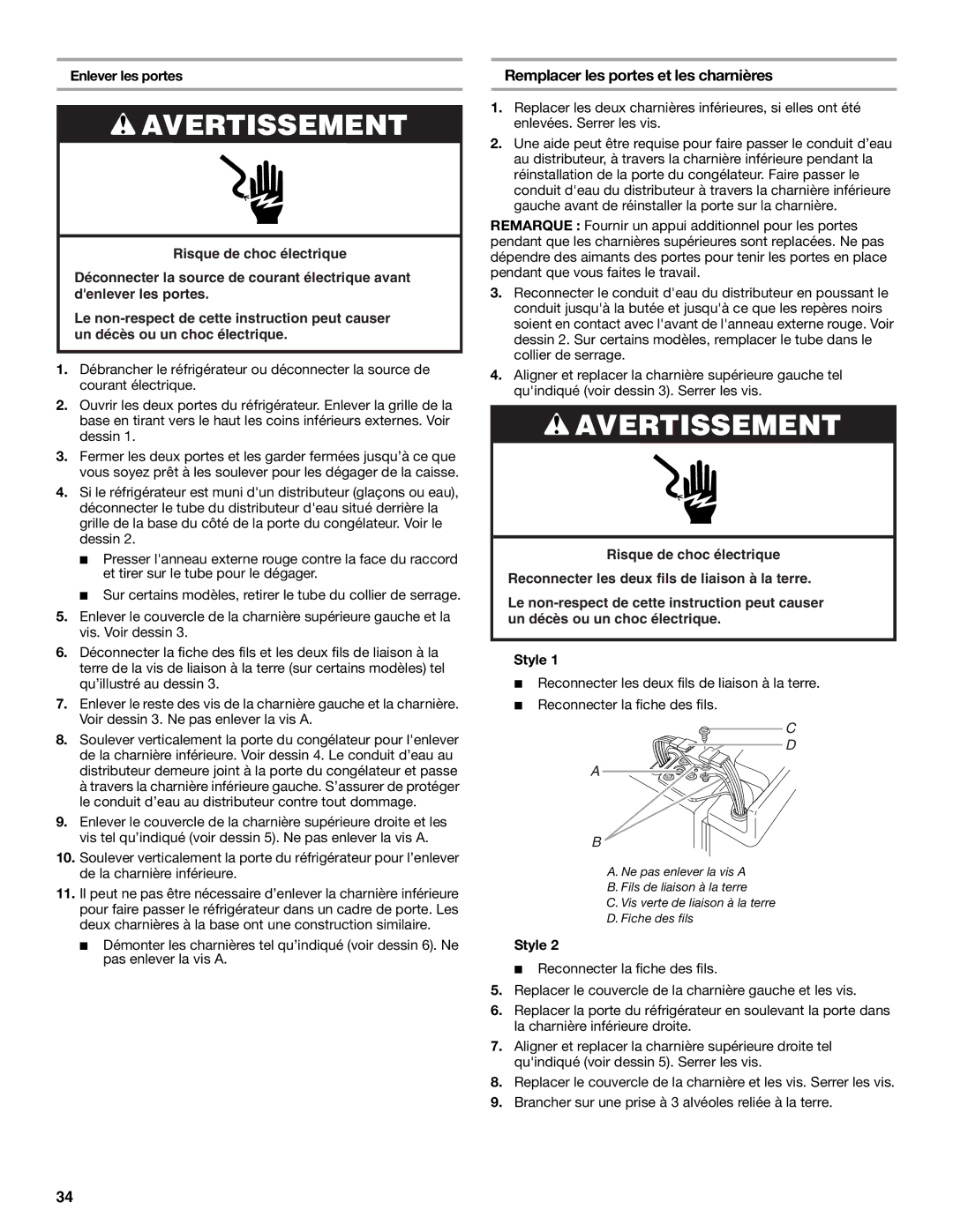 KitchenAid 2308307 manual Remplacer les portes et les charnières, Enlever les portes 