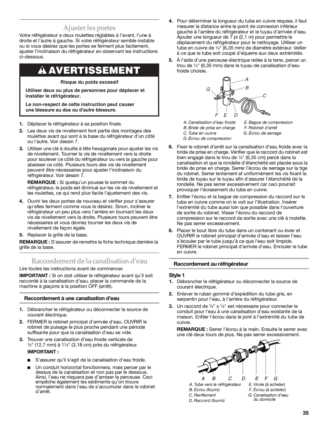 KitchenAid 2308307 manual Ajuster lesportes, Raccordementde la canalisation d’eau, Raccordement à une canalisation d’eau 