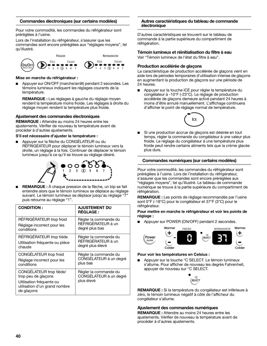 KitchenAid 2308307 manual Commandes électroniques sur certains modèles, Témoin lumineux et réinitialisation du filtre à eau 