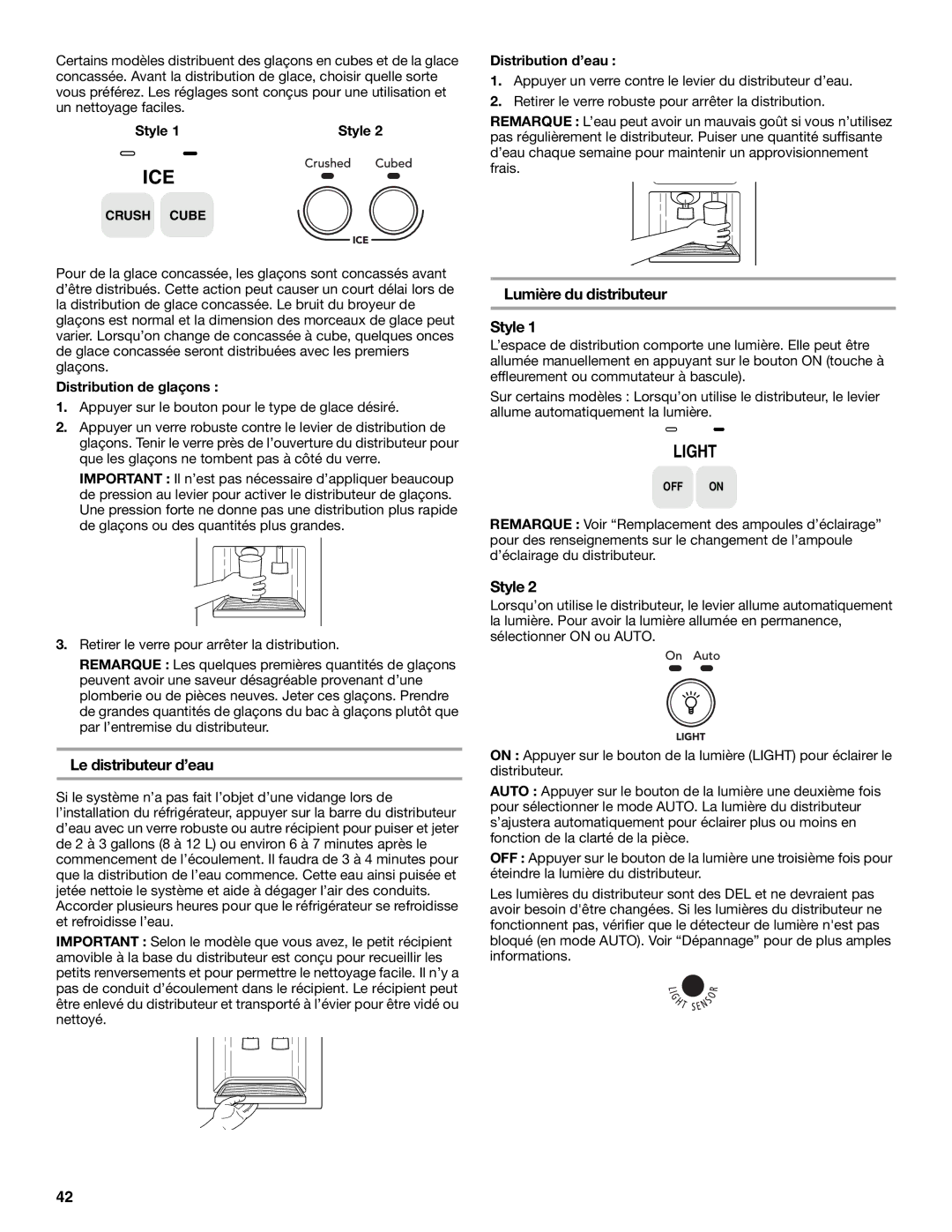 KitchenAid 2308307 manual Le distributeur d’eau, Lumière du distributeur Style, Distribution de glaçons, Distribution d’eau 