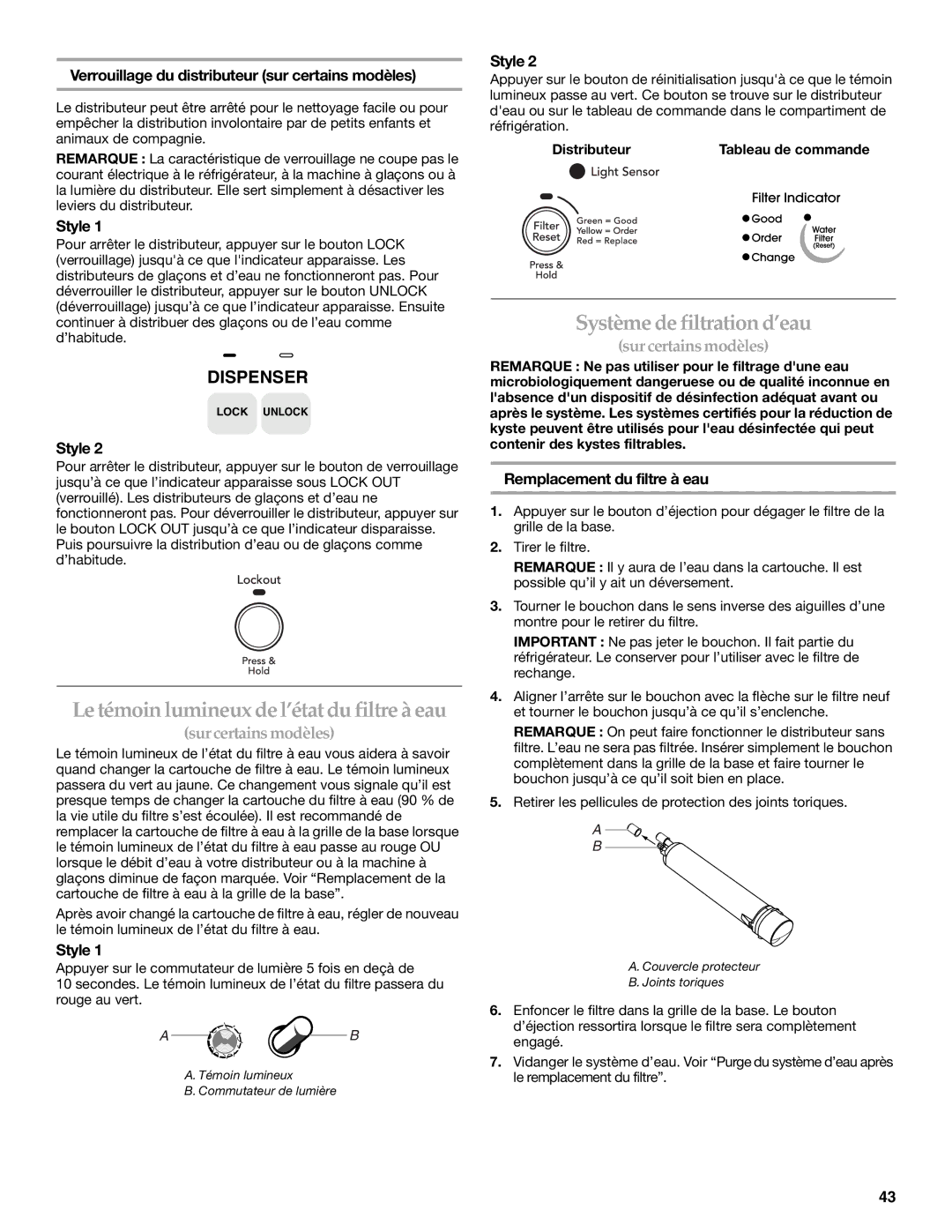 KitchenAid 2308307 Le témoin lumineux de l’état du filtre à eau, Système de filtration d’eau, Remplacement du filtre à eau 