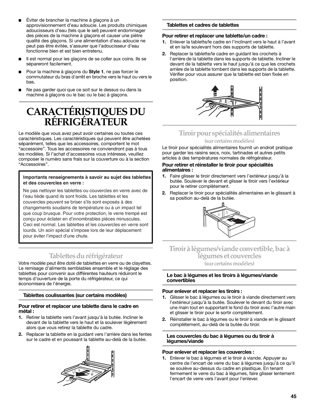 KitchenAid 2308307 Caractéristiques DU Réfrigérateur, Tiroir pour spécialités alimentaires, Tablettesdu réfrigérateur 