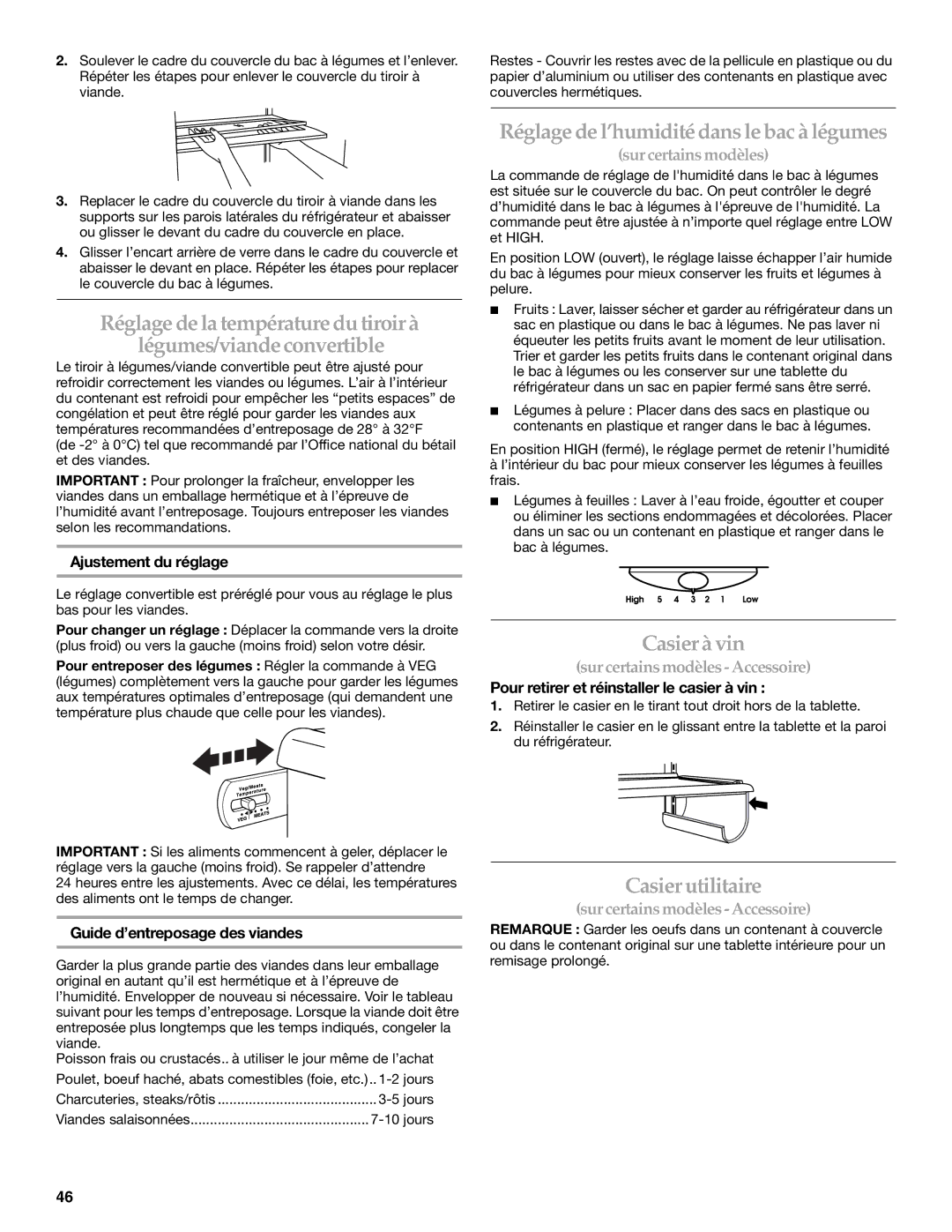 KitchenAid 2308307 manual Réglage de l’humidité dansle bac à légumes, Casieràvin, Casier utilitaire 