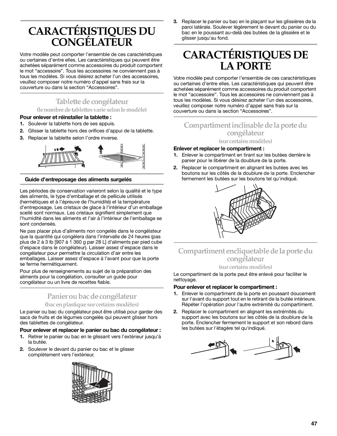 KitchenAid 2308307 manual Caractéristiques DU Congélateur, Caractéristiques DE LA Porte 