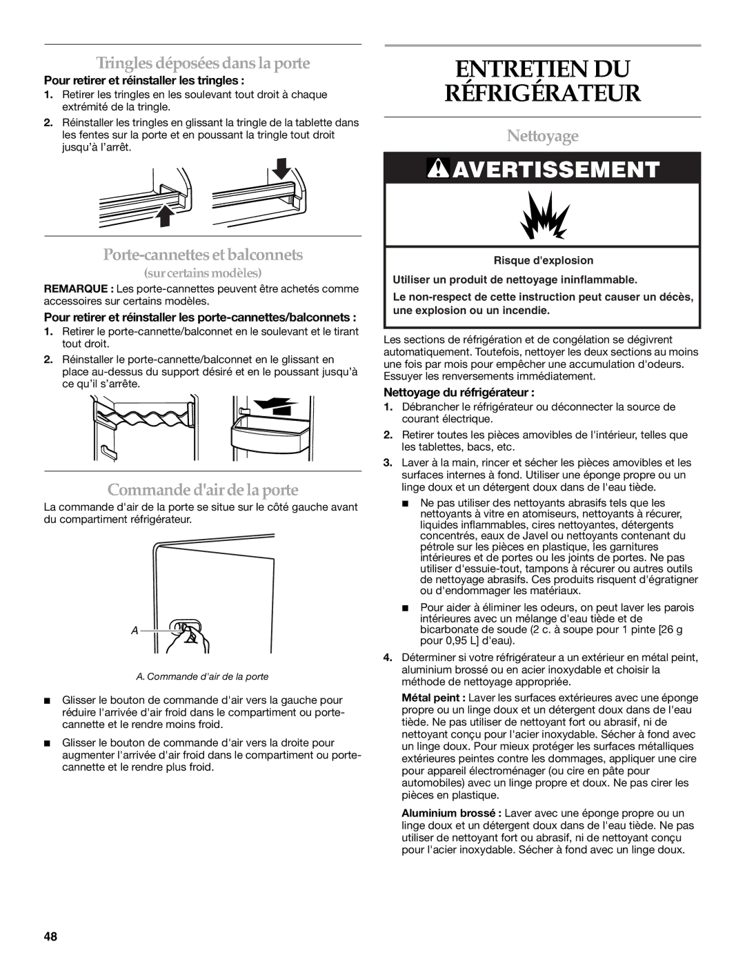 KitchenAid 2308307 Entretien DU Réfrigérateur, Tringles déposéesdansla porte, Porte-cannettes et balconnets, Nettoyage 