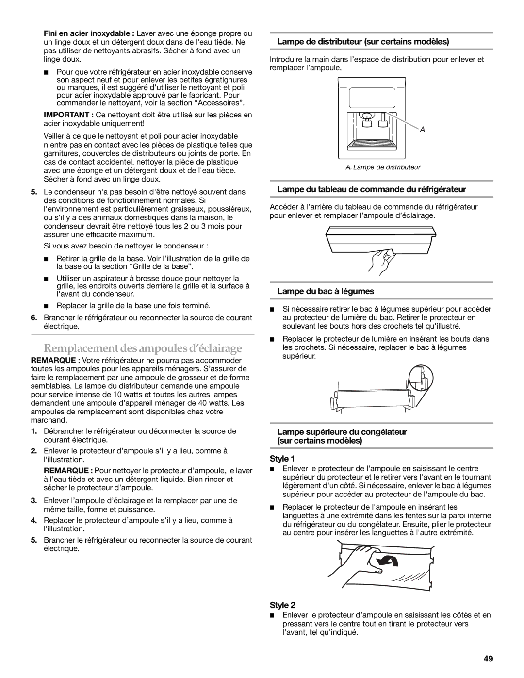 KitchenAid 2308307 Remplacementdes ampoulesd’éclairage, Lampe de distributeur sur certains modèles, Lampe du bac à légumes 