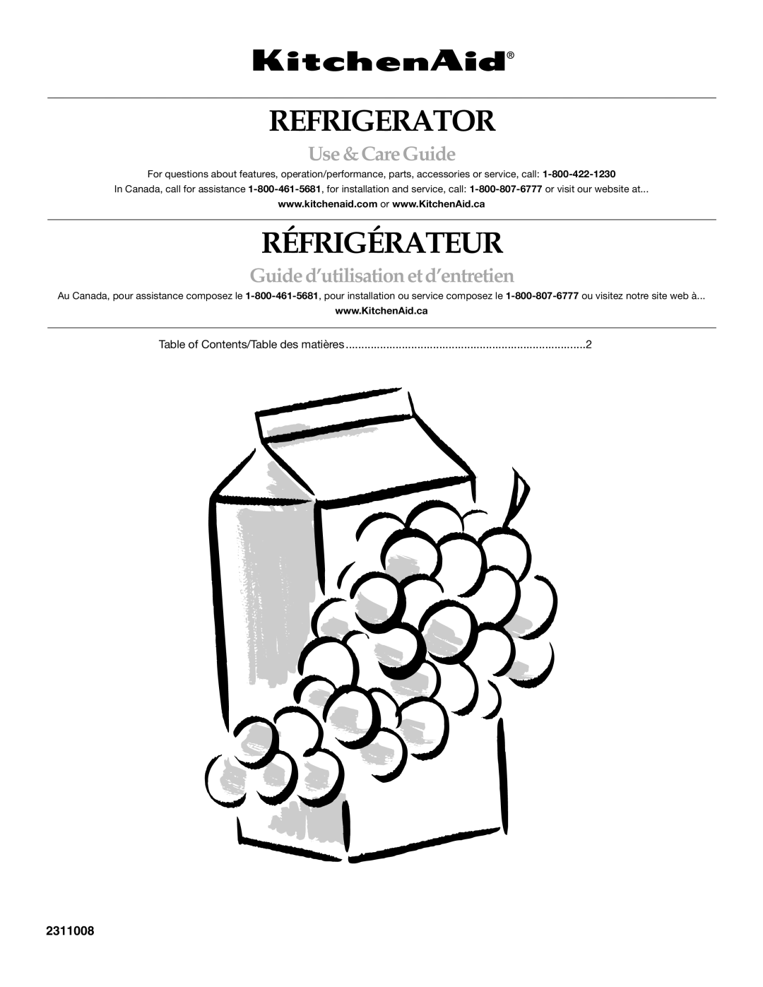 KitchenAid 2311008 manual Refrigerator, Table of Contents/Table des matières 