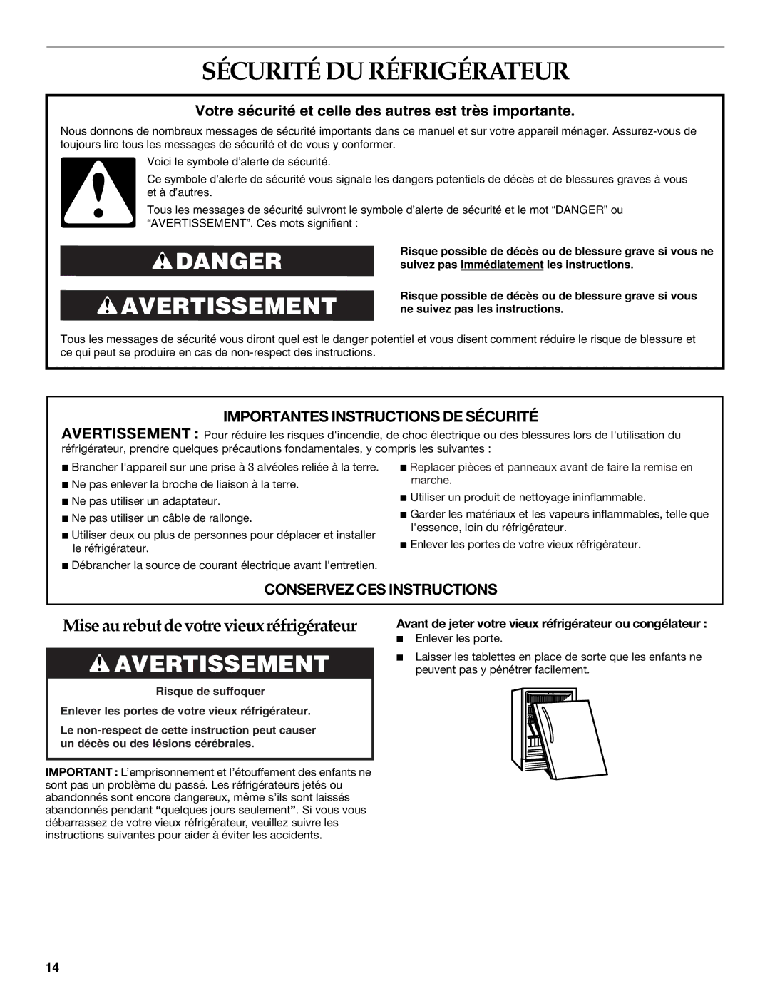 KitchenAid 2311008 manual Sécurité DU Réfrigérateur, Avant de jeter votre vieux réfrigérateur ou congélateur 