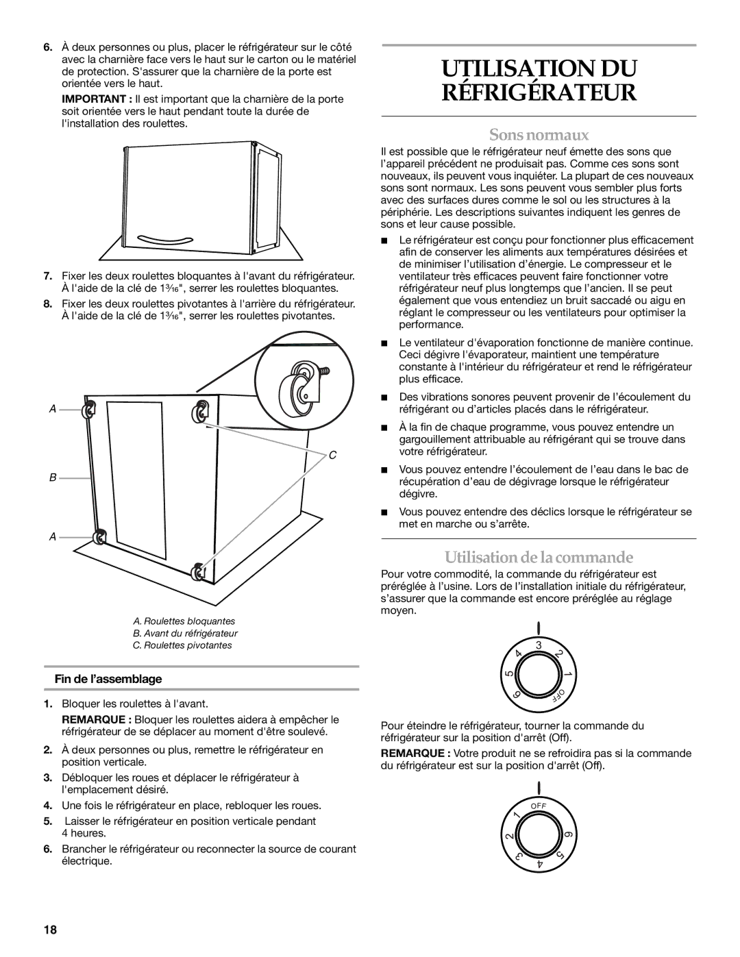 KitchenAid 2311008 manual Utilisation DU Réfrigérateur, Sons normaux, Utilisation de la commande, Fin de l’assemblage 