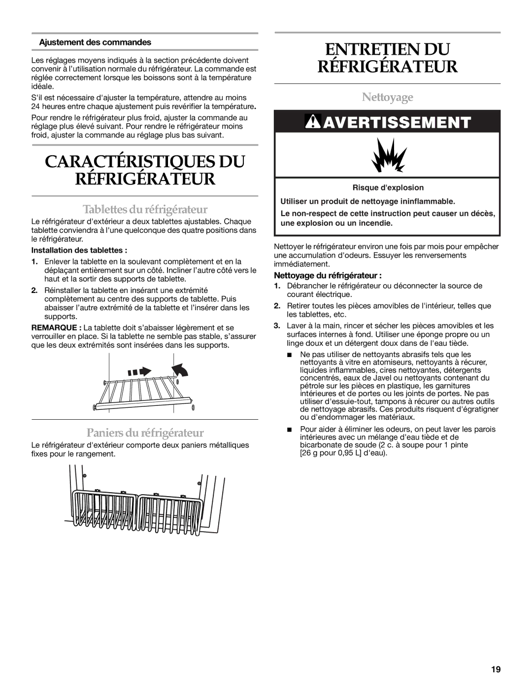 KitchenAid 2311008 Caractéristiques DU Réfrigérateur, Entretien DU Réfrigérateur, Tablettesdu réfrigérateur, Nettoyage 