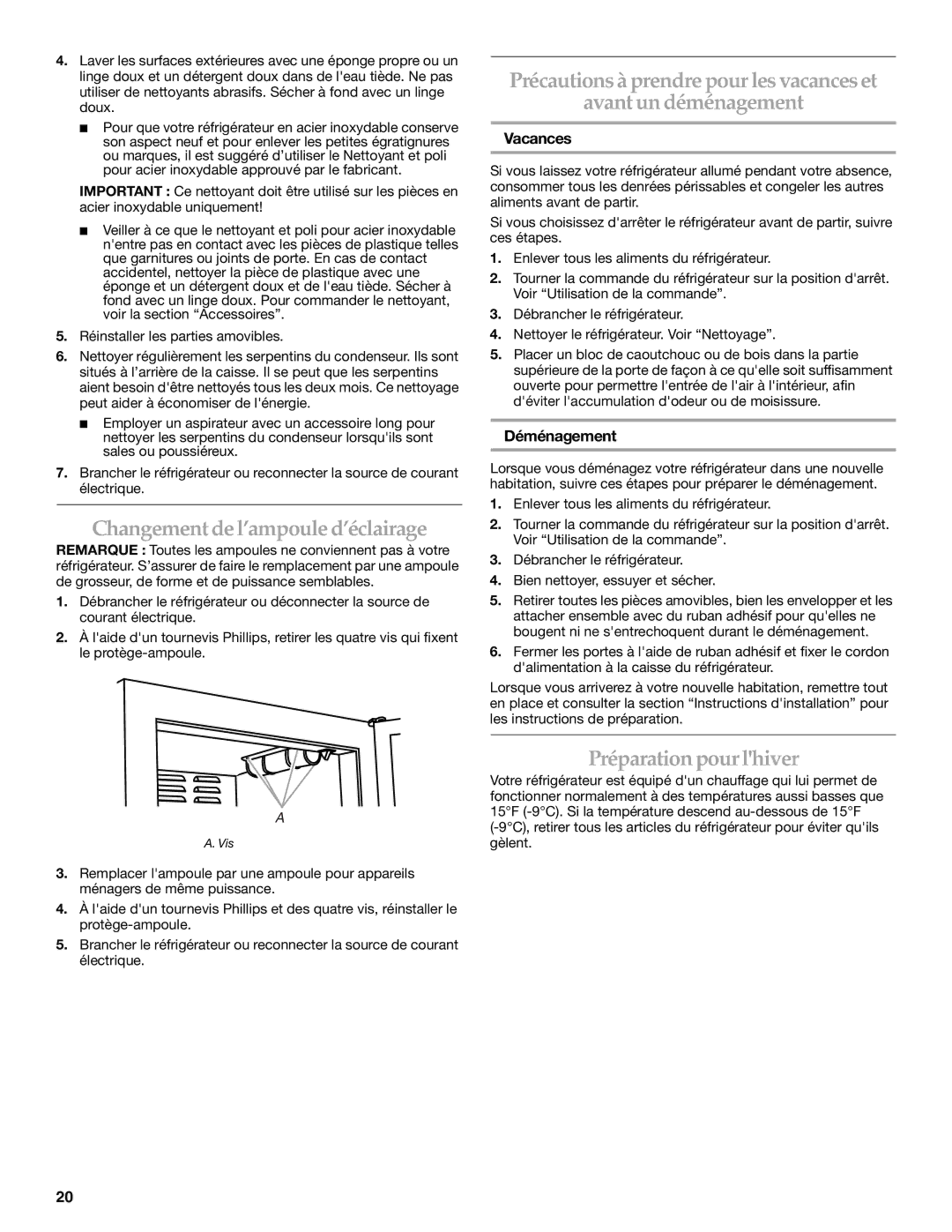 KitchenAid 2311008 manual Changementde l’ampoule d’éclairage, Préparation pour lhiver, Vacances, Déménagement 