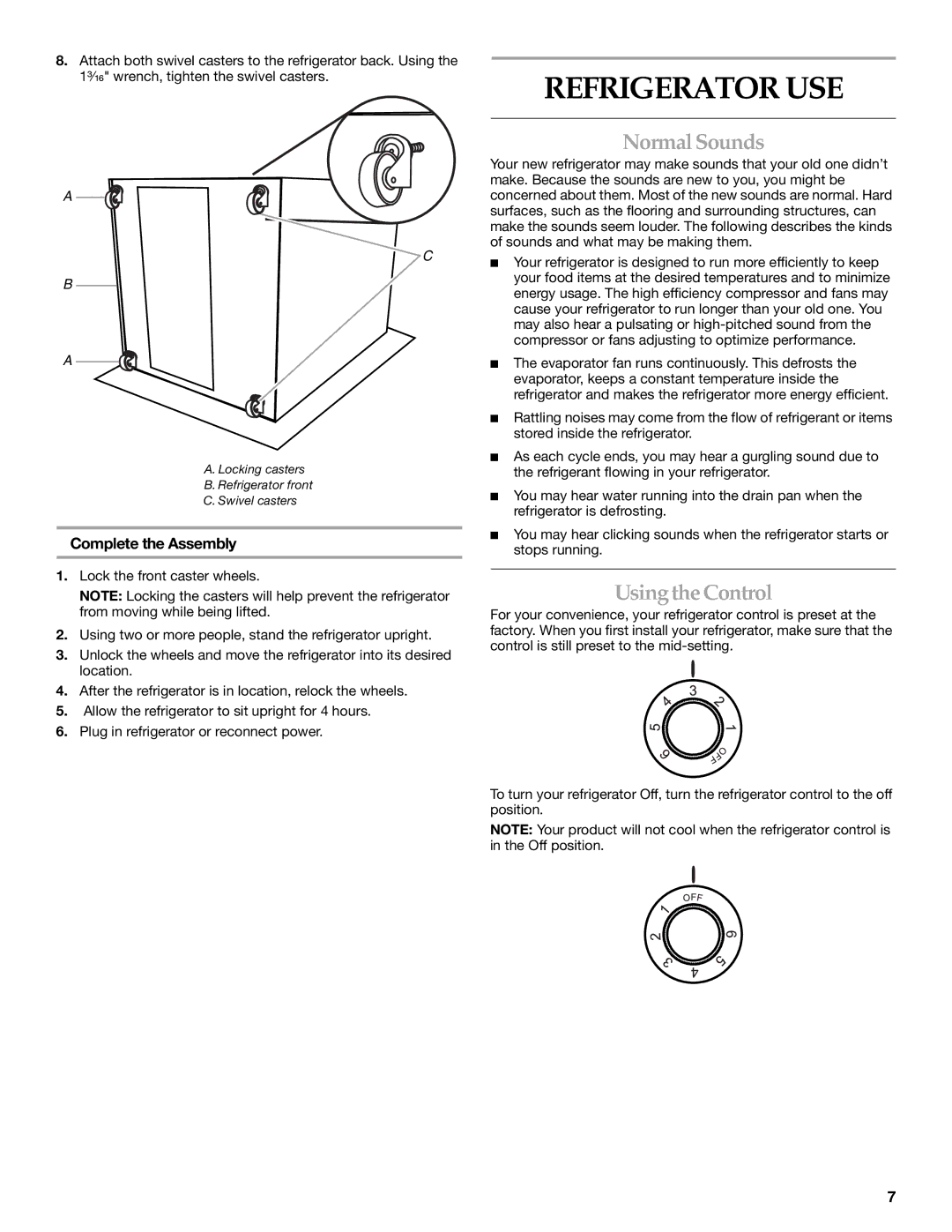 KitchenAid 2311008 manual Refrigerator USE, Normal Sounds, Usingthe Control, Complete the Assembly 