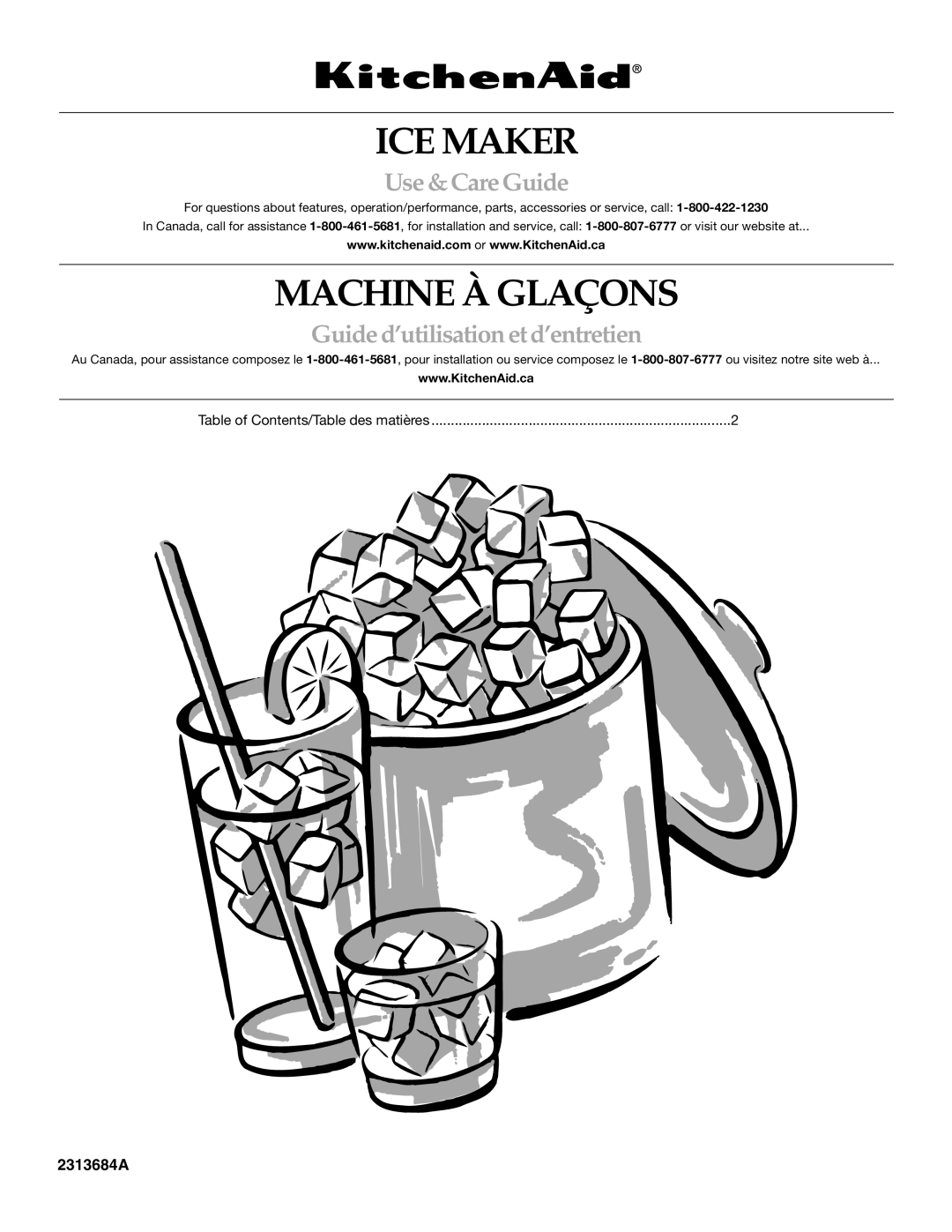 KitchenAid 2313684A manual ICE Maker, Table of Contents/Table des matières 