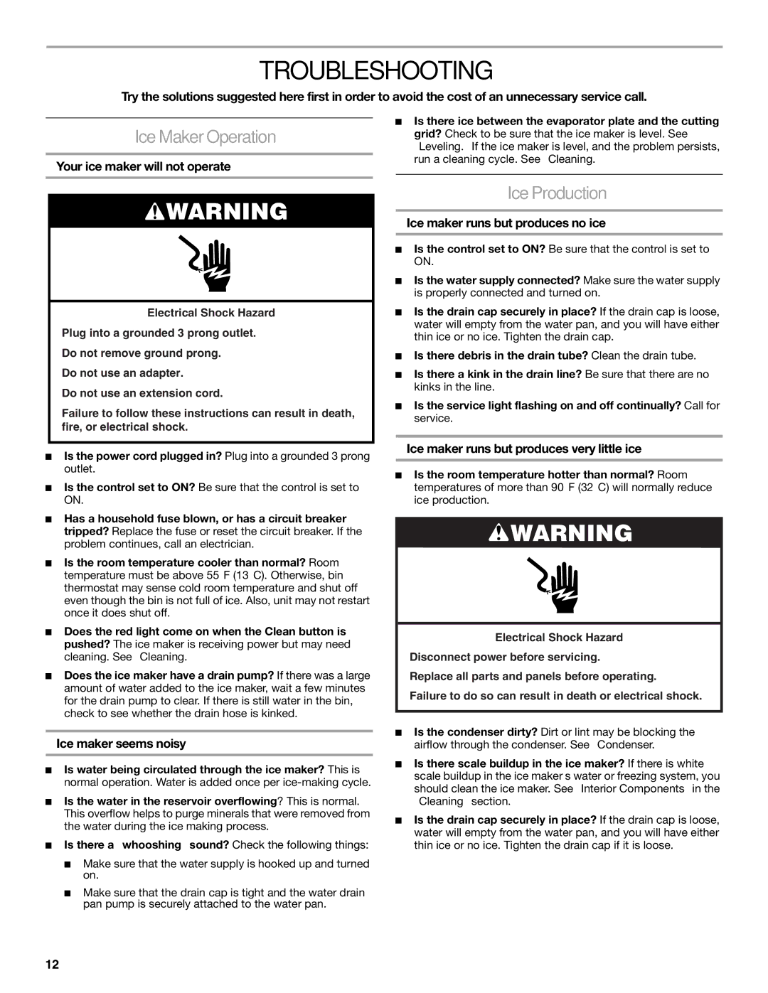 KitchenAid 2313684A manual Troubleshooting, Ice Maker Operation, Ice Production 