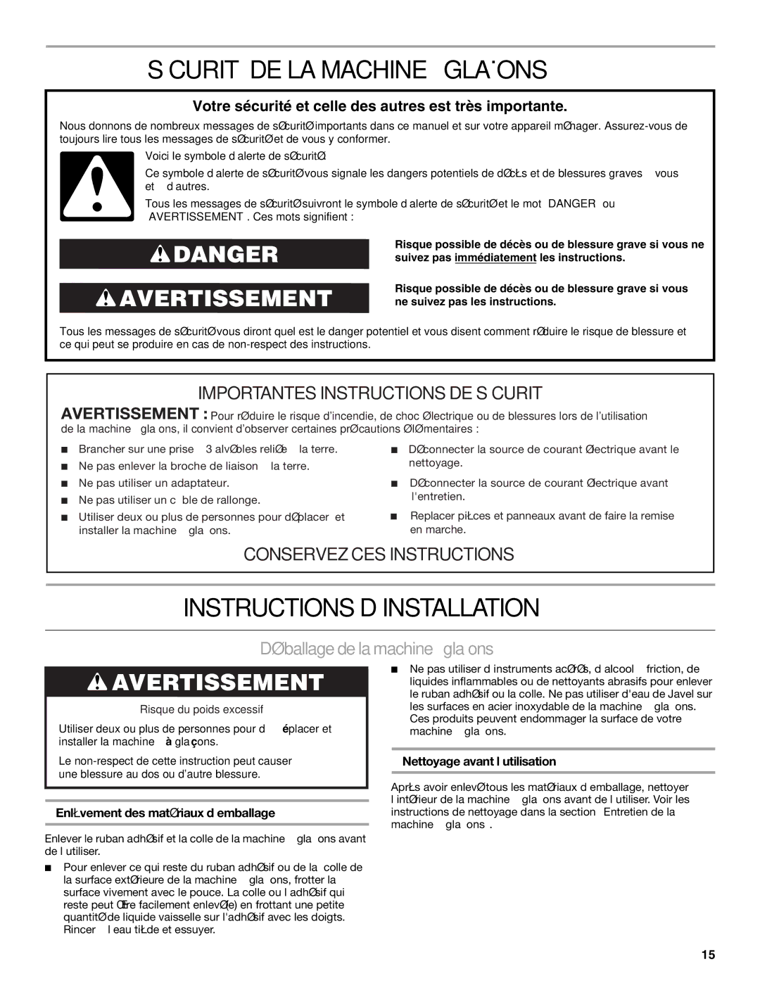 KitchenAid 2313684A manual Sécurité DE LA Machine À Glaçons, Instructions D’INSTALLATION, Déballage de la machine à glaçons 