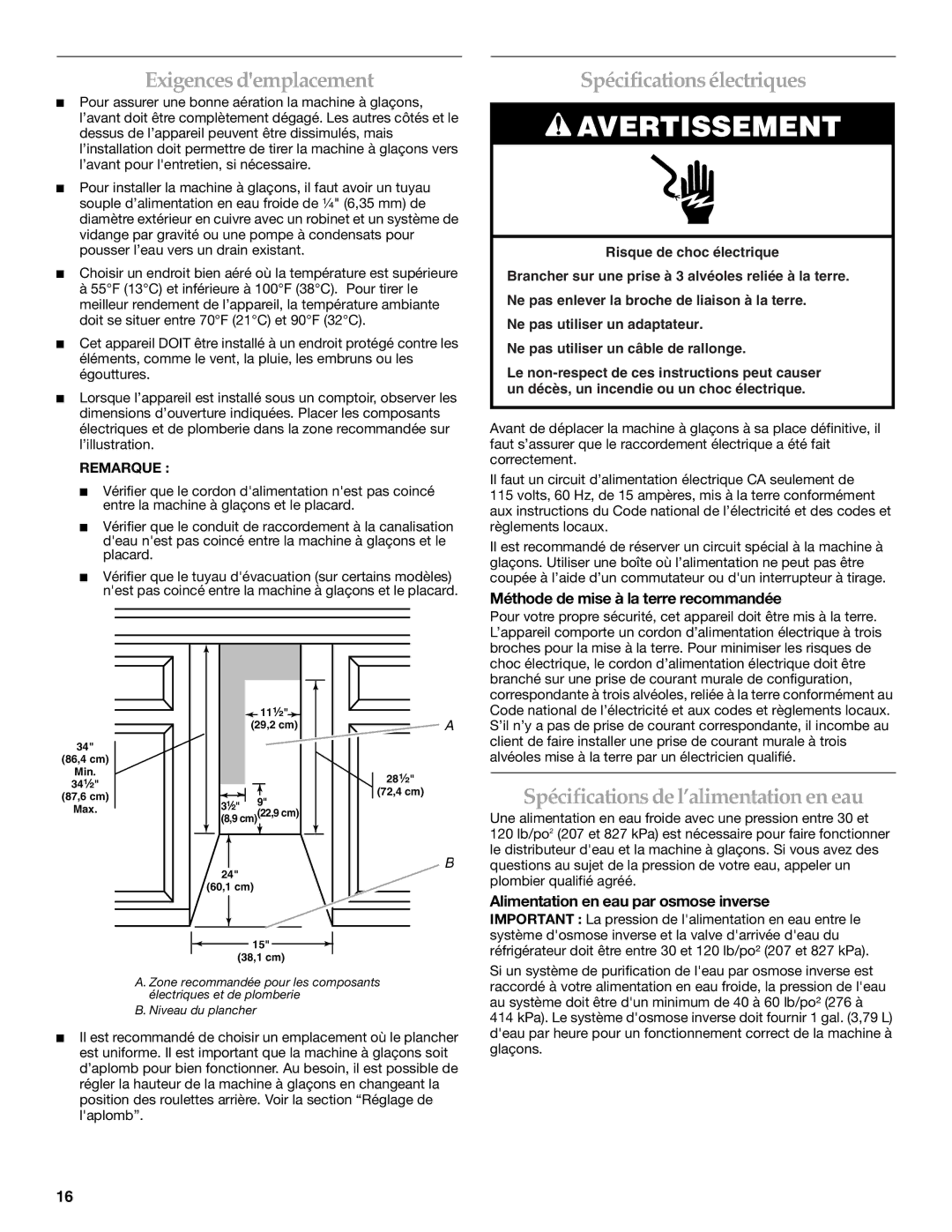 KitchenAid 2313684A manual Exigences demplacement, Spécificationsélectriques, Spécifications de l’alimentation en eau 