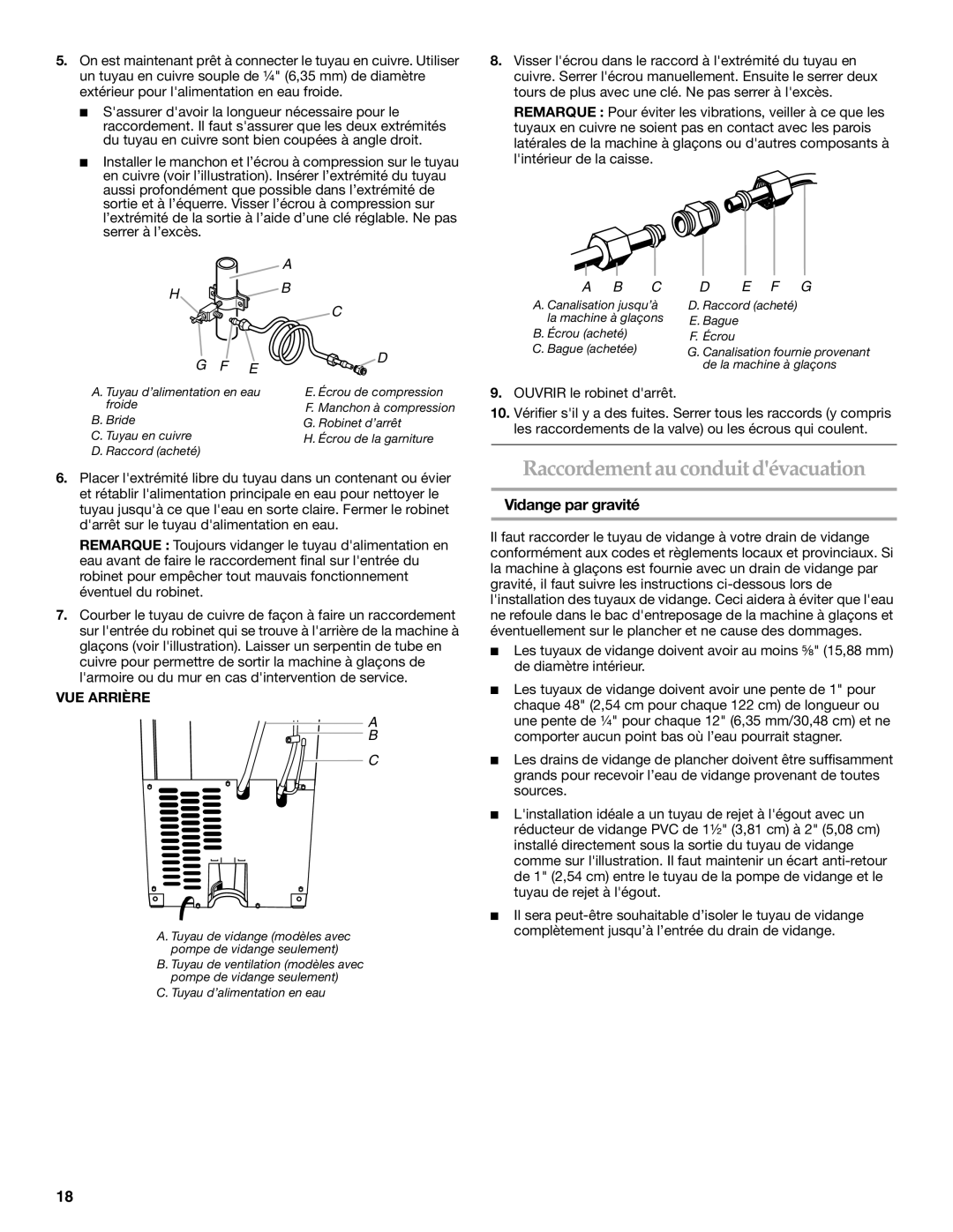 KitchenAid 2313684A manual Raccordementau conduit dévacuation, Vidange par gravité, VUE Arrière 