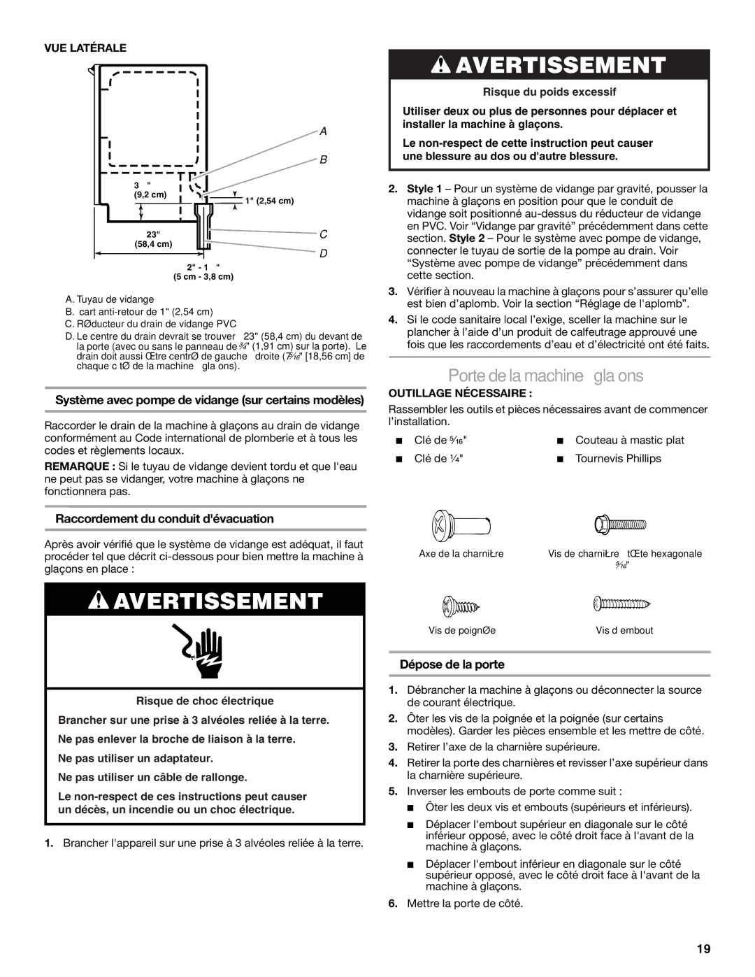 KitchenAid 2313684A Porte de la machine à glaçons, Système avec pompe de vidange sur certains modèles, Dépose de la porte 