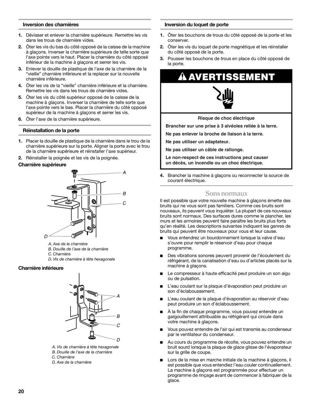 KitchenAid 2313684A manual Sons normaux, Inversion des charnières Inversion du loquet de porte, Réinstallation de la porte 