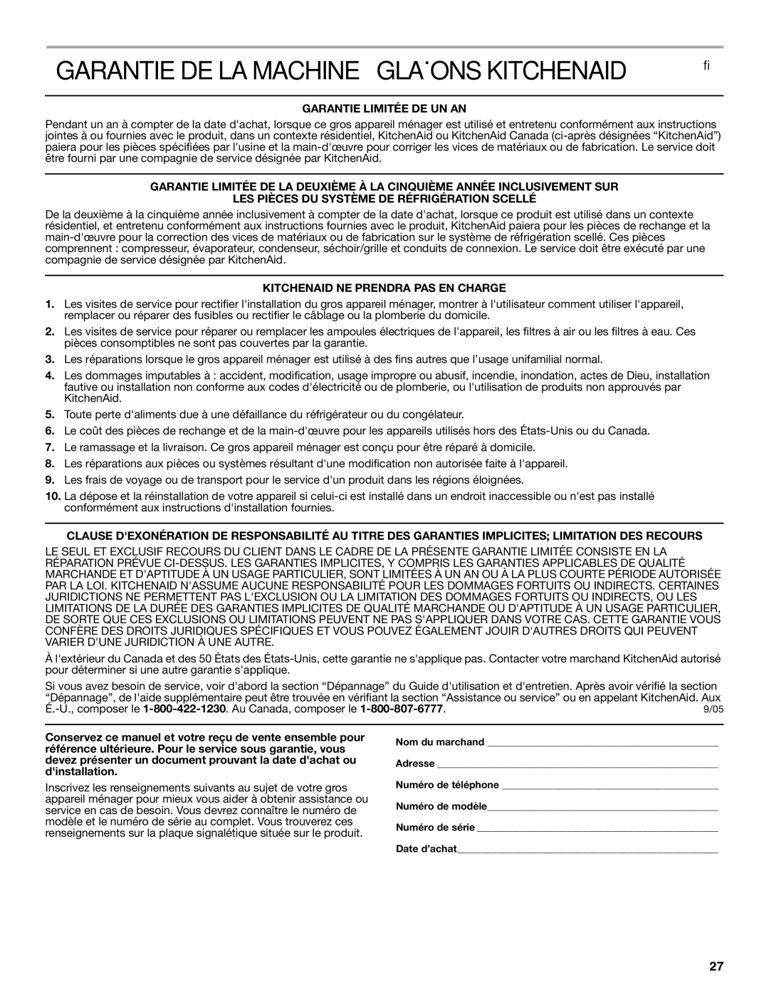 KitchenAid 2313684A manual Garantie DE LA Machine À Glaçons Kitchenaid, Garantie Limitée DE UN AN 