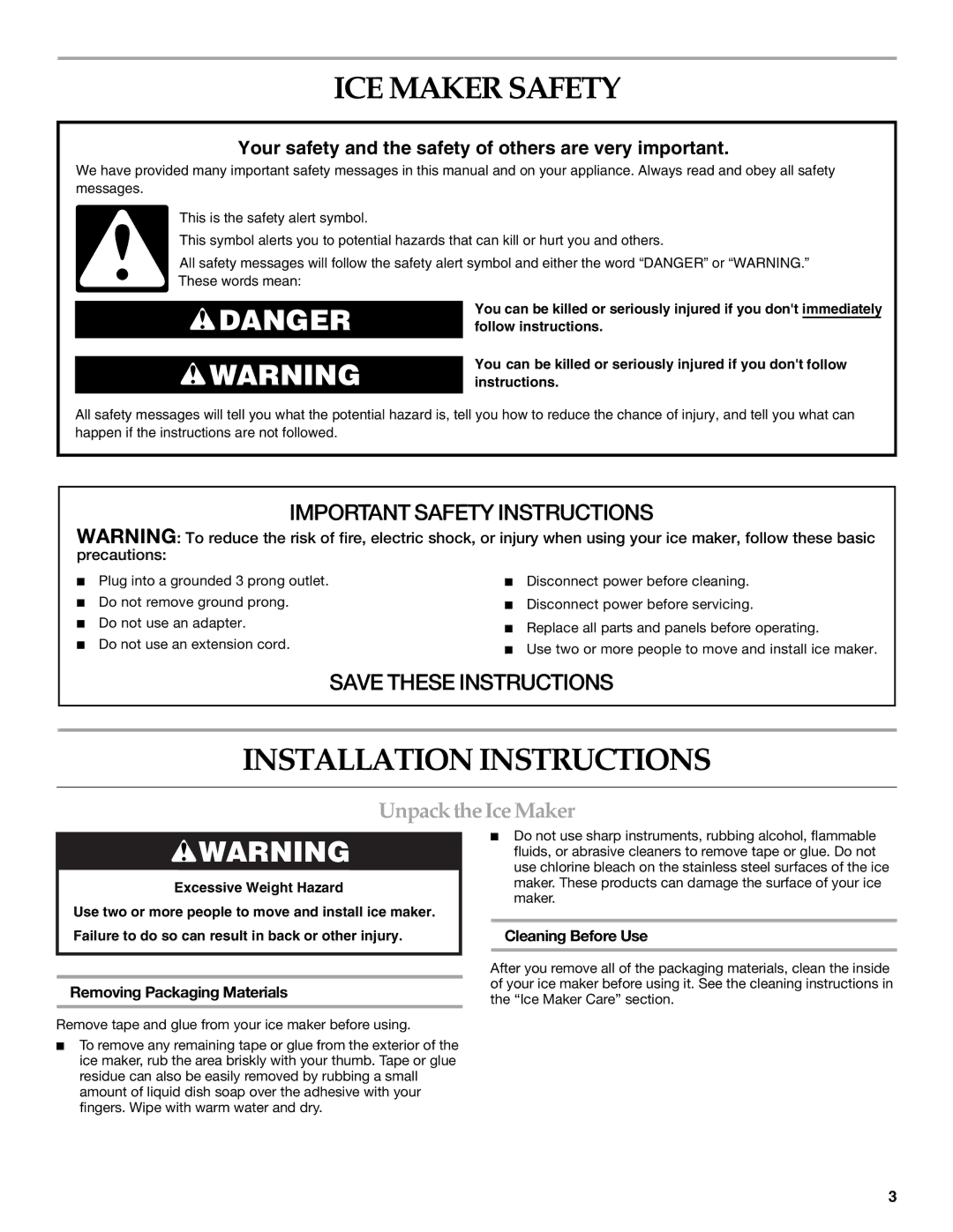 KitchenAid 2313684A manual ICE Maker Safety, Installation Instructions, Unpack the Ice Maker, Removing Packaging Materials 